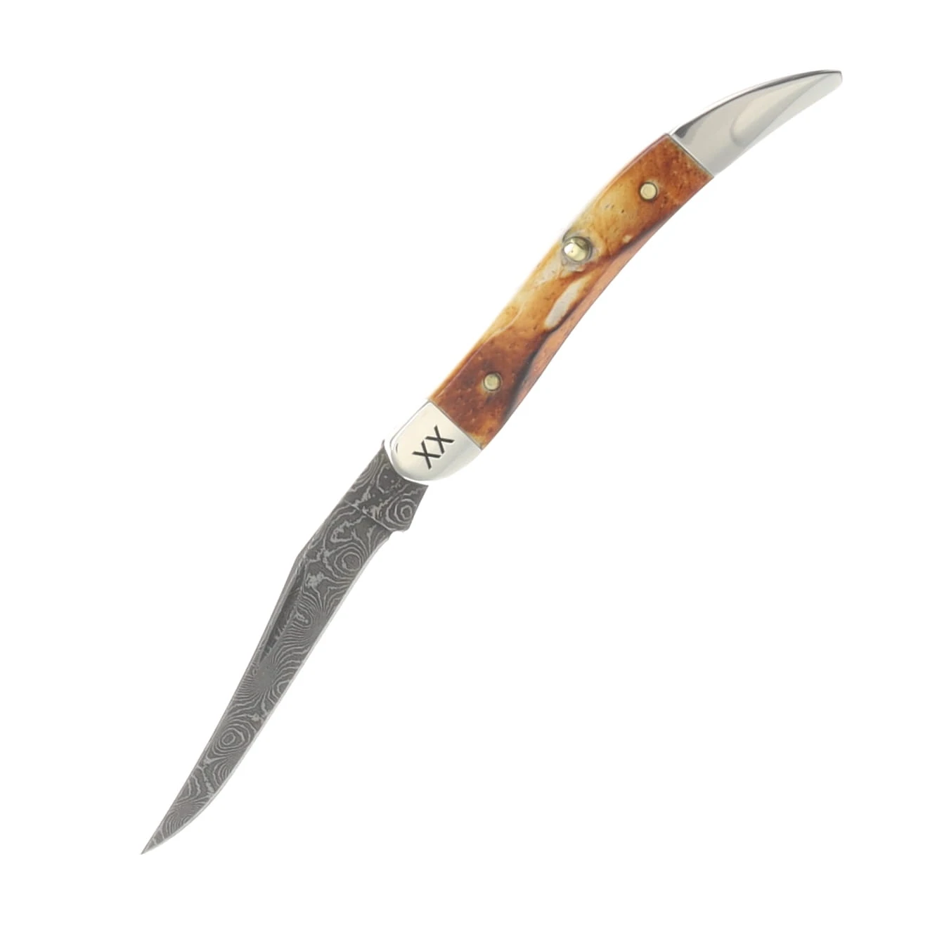 Case XX Burnt Natural Bone Deep Canyon Jigged Damascus Small Texas Toothpick Folding Knife CA27236 View 2