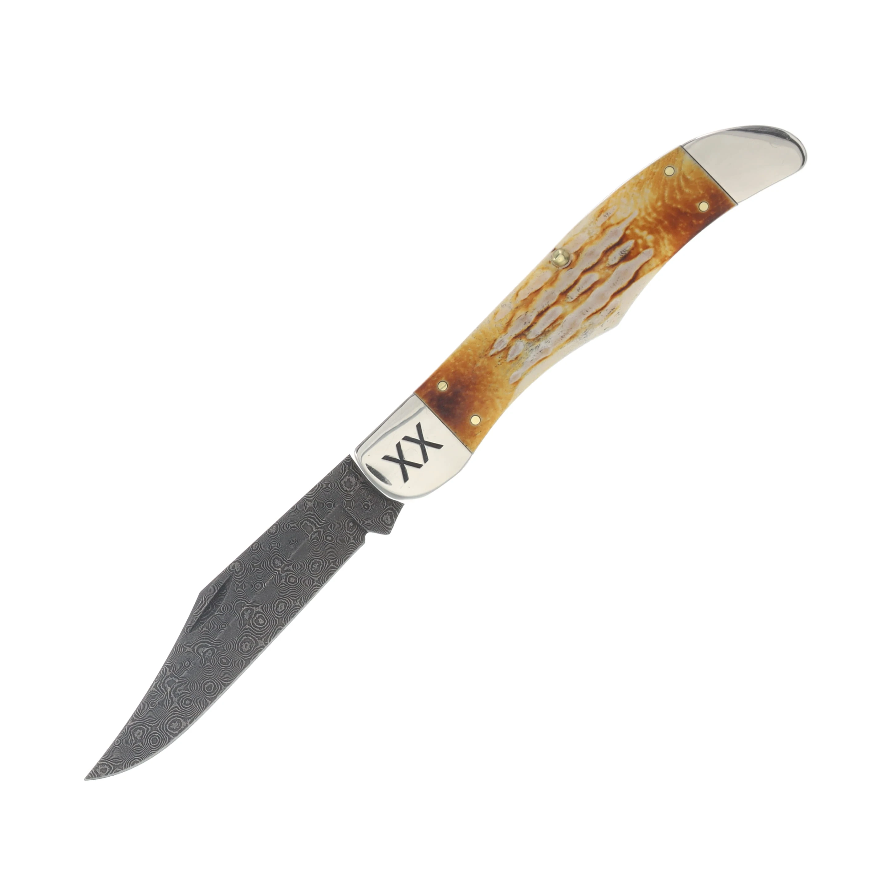 Case XX Burnt Natural Bone Deep Canyon Jigged Damascus Folding Hunter CA27237 View 1