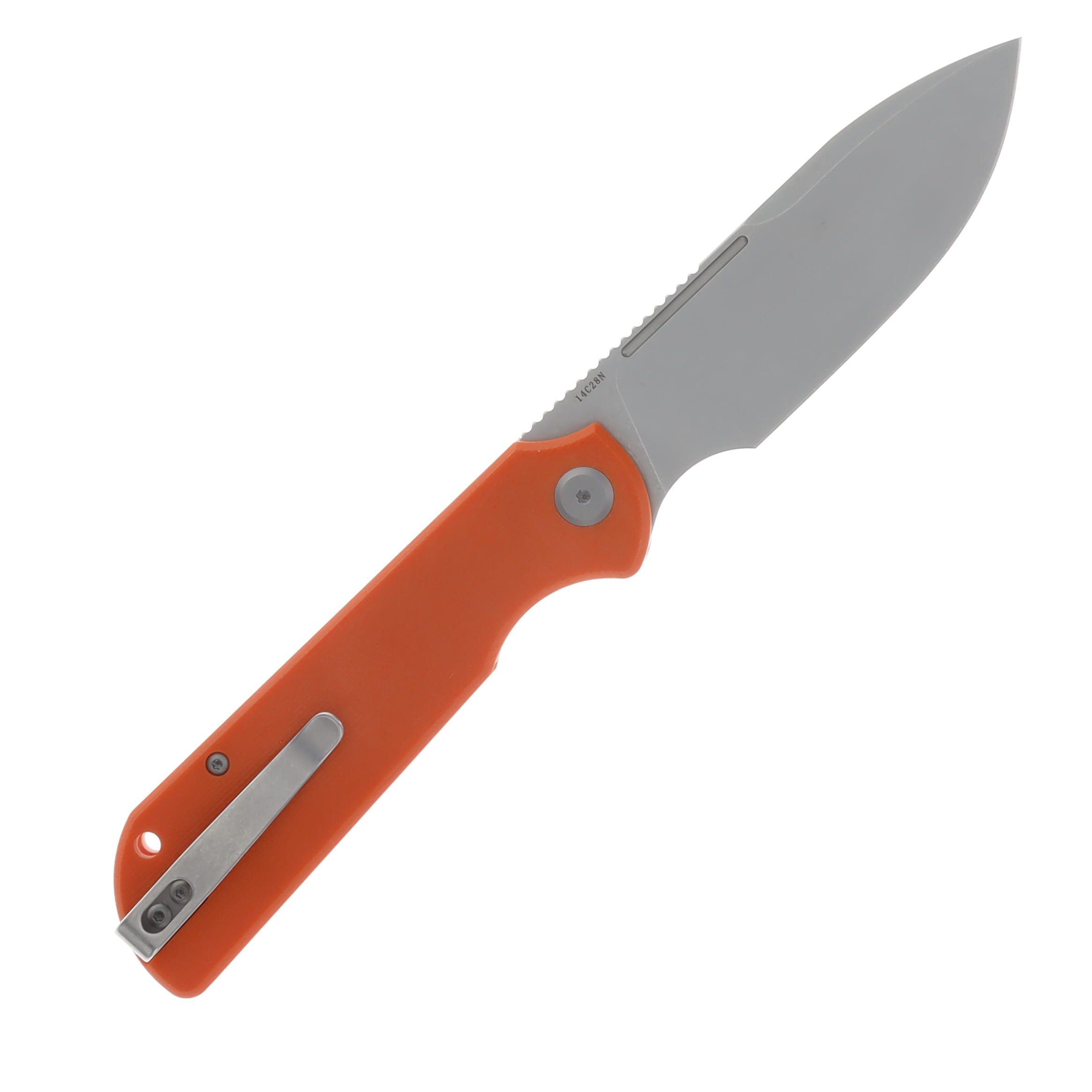 Eutektik Liong Mah Binary Right Handed G-10 Solar Orange 3.75 In Sandvik Stonewash Drop Point LM20 View 2