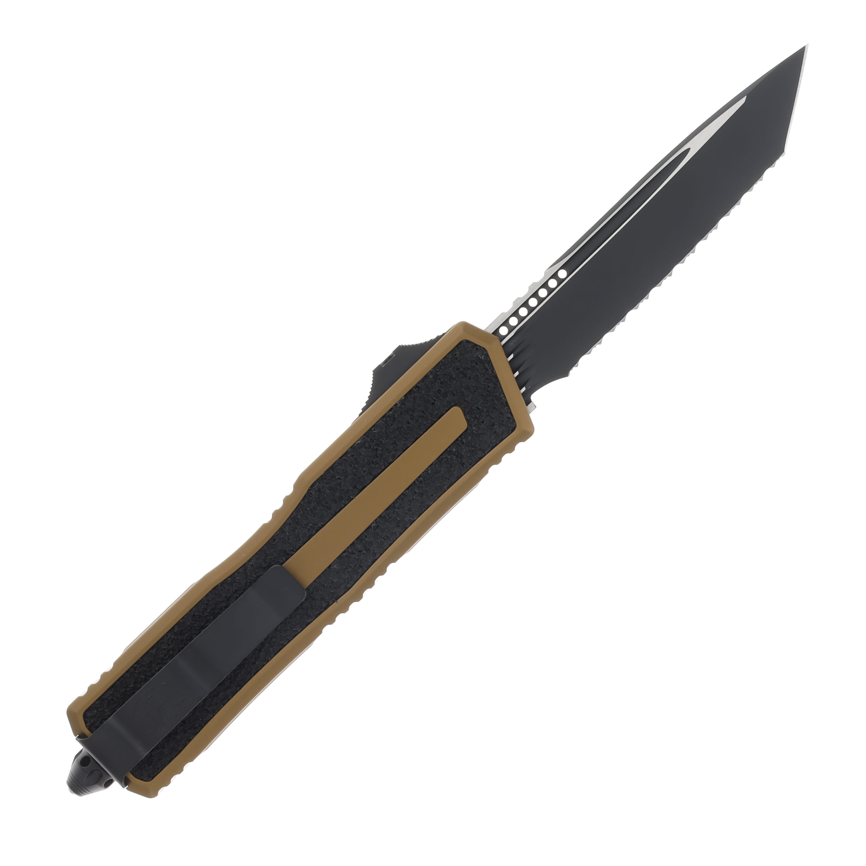 Microtech Scarab II GEN III T-E Black Full Serrate Tan OTF Automatic 3.95In. AUMT12793TA View 2