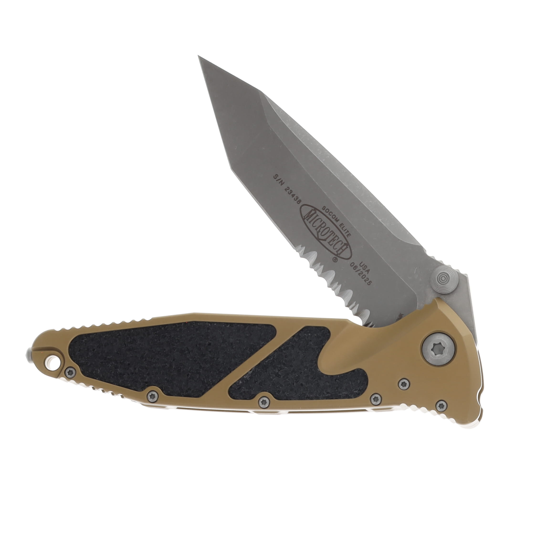 Microtech Socom Elite T-E Apocalyptic Part Serrate Tan OTS Automatic 4.05Inch MT16111APTA View 3