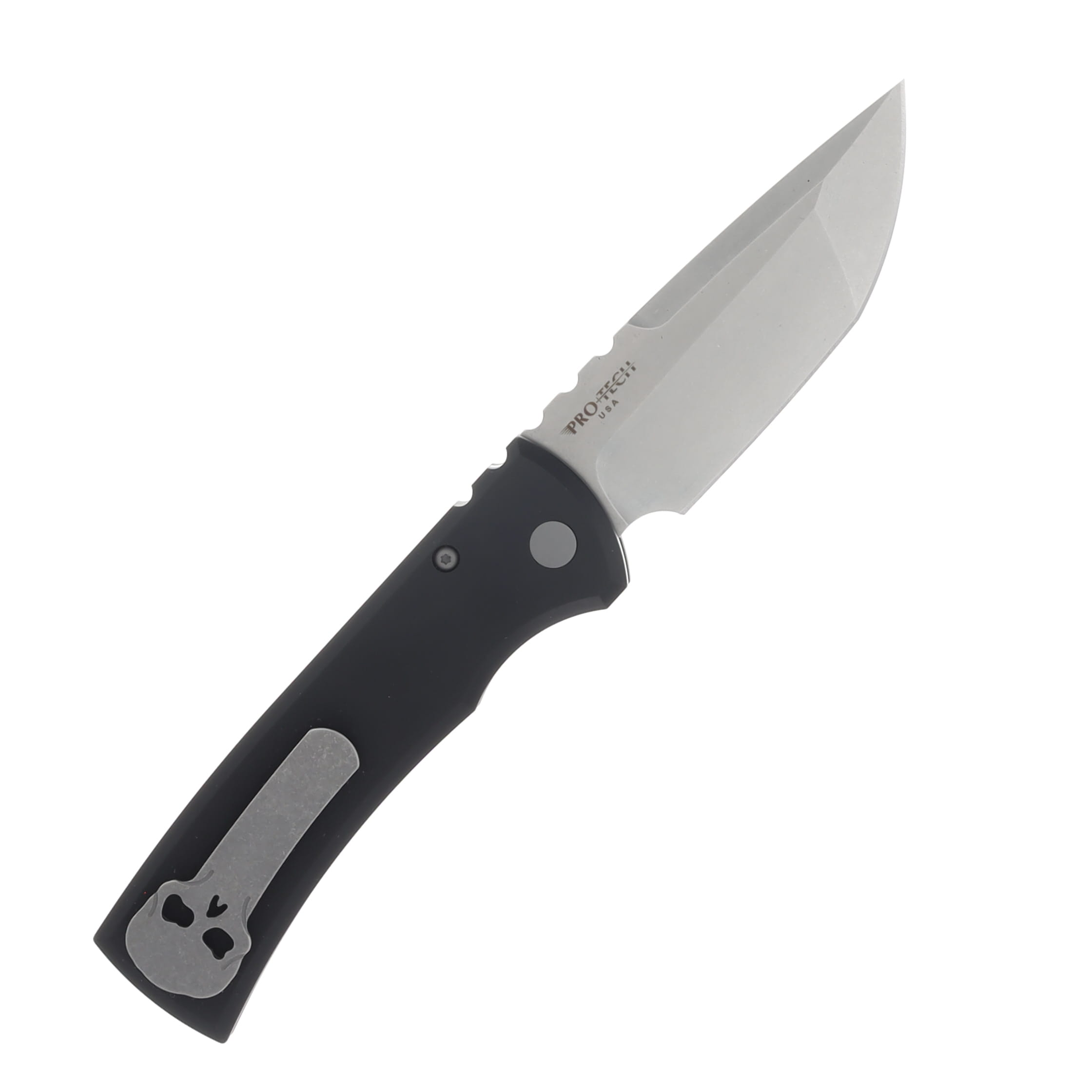 Chaves Knives Pro Tech Redencion 229 Stonewash Tanto Blade Solid Black Handle Blsted Hardware Black Steel Milled Clip CK-1A10-2B3F-6D1 View 2
