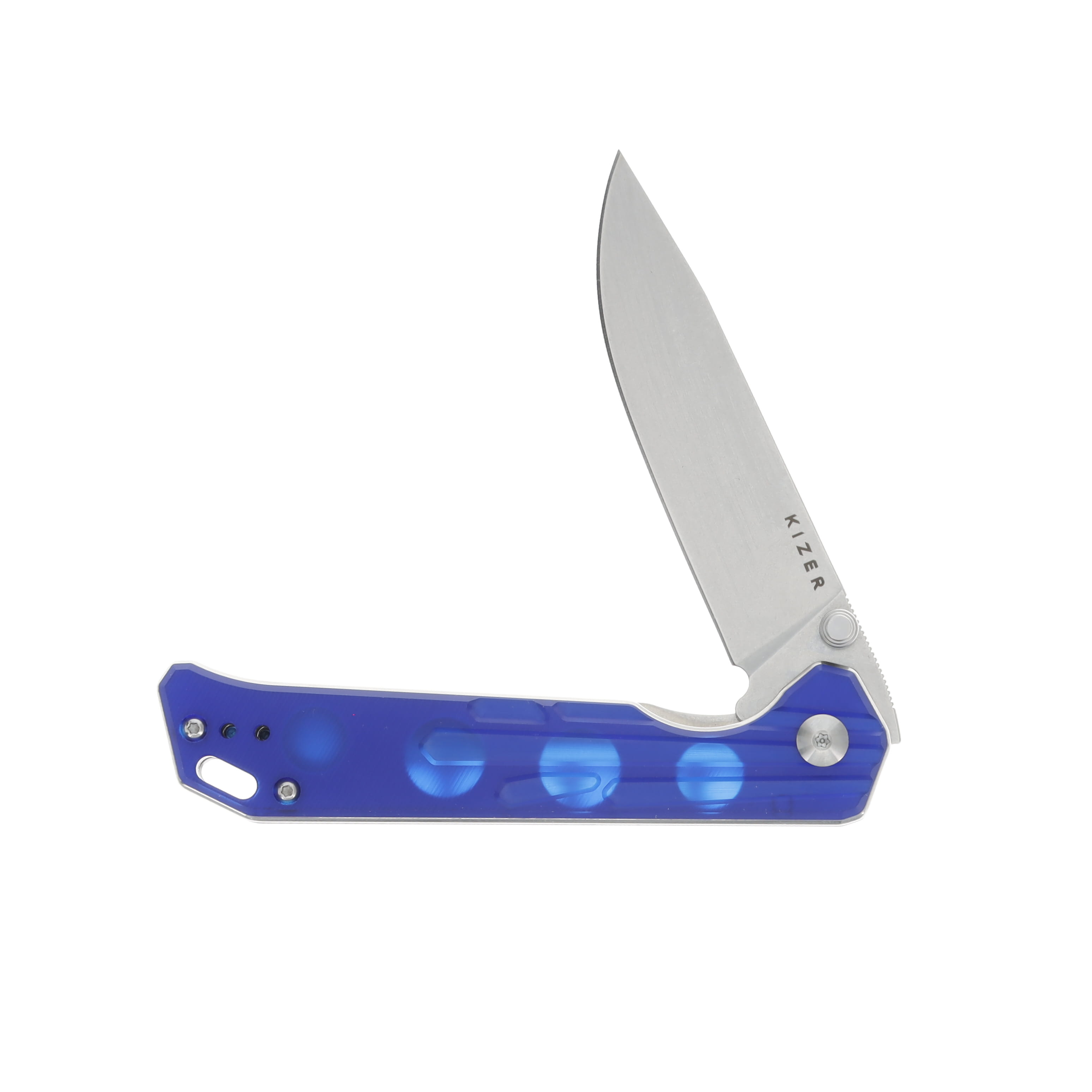 Kizer SMKW Exclusive Begleiter 2 "Sub Zero" Blue & Clear Acrylic CNC Printed Handle Stonewashed 154CM Blade V4458.2E10 View 3