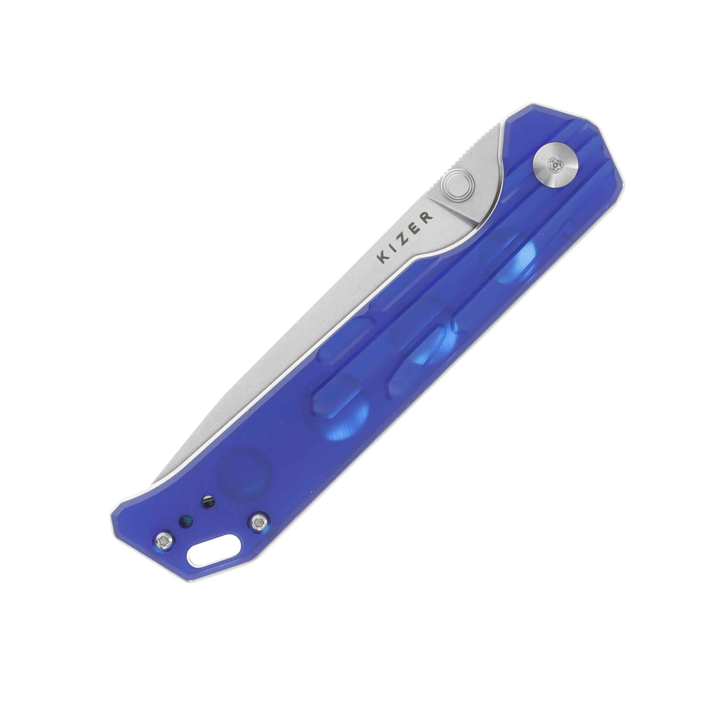 Kizer SMKW Exclusive Begleiter 2 "Sub Zero" Blue & Clear Acrylic CNC Printed Handle Stonewashed 154CM Blade V4458.2E10 View 6