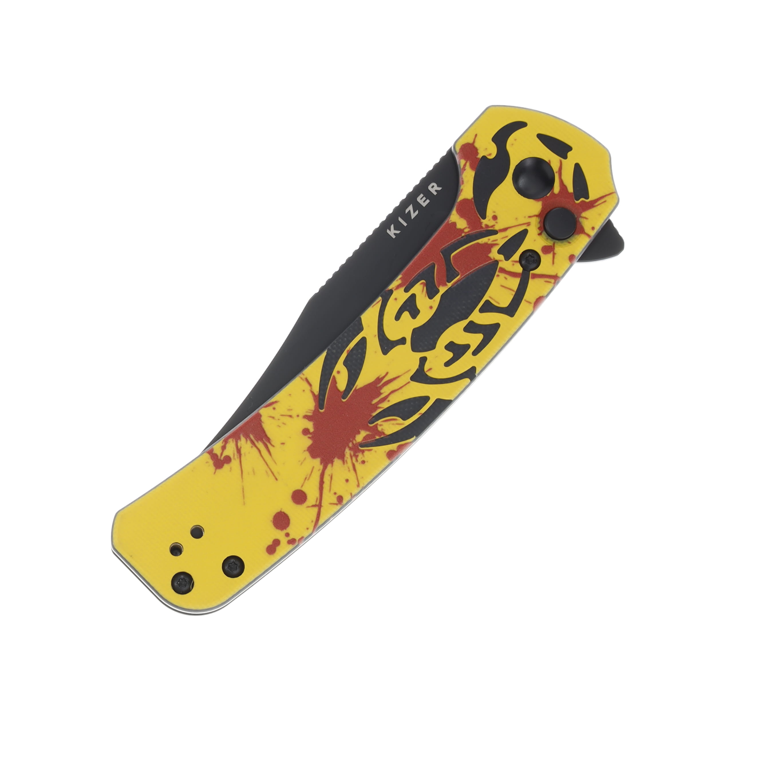 Kizer Gryphon "Scorpion" Red & Yellow G-10 CNC & UV Printed Handle Black Ti Coated 154CM Blade L4010E1 View 5