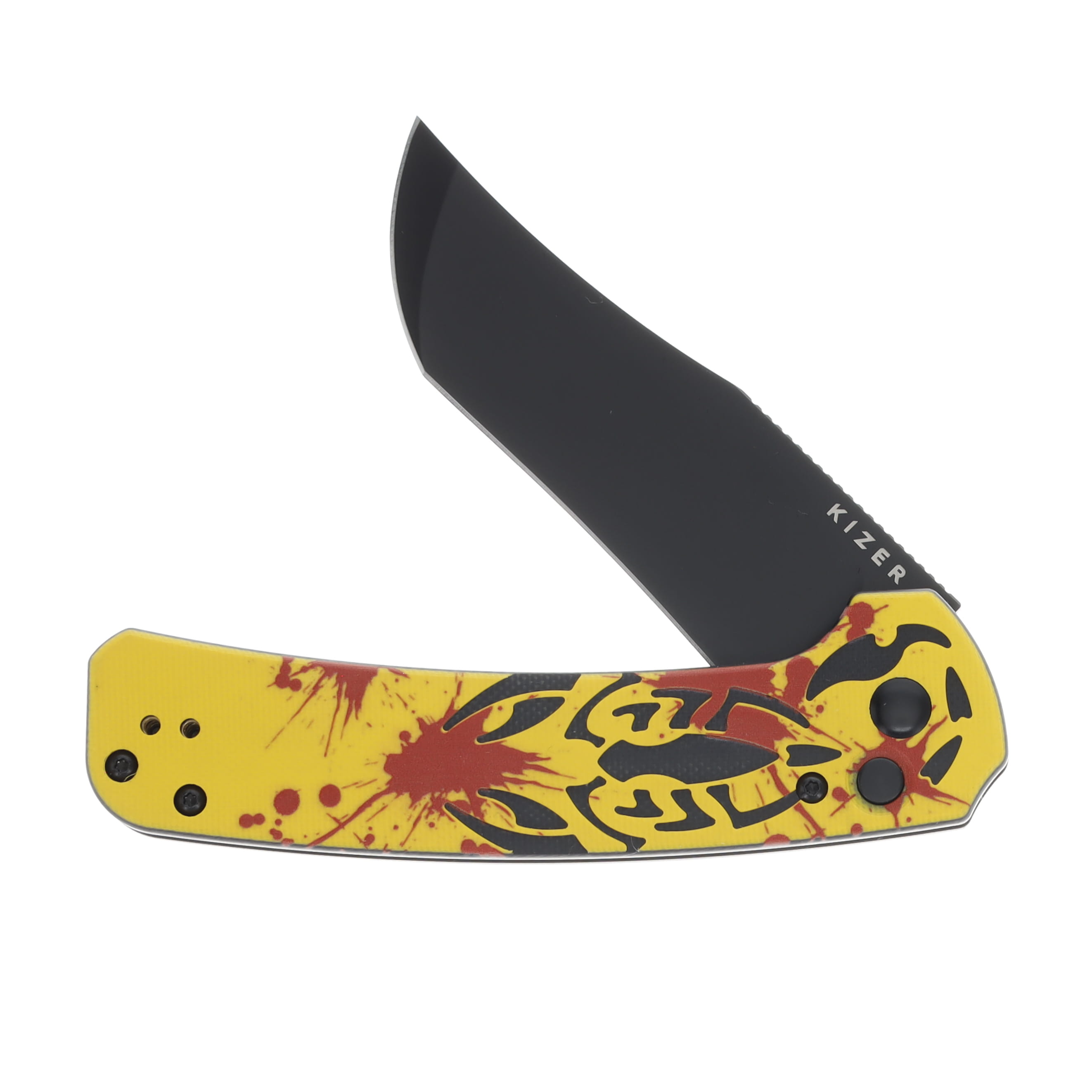 Kizer Gryphon "Scorpion" Red & Yellow G-10 CNC & UV Printed Handle Black Ti Coated 154CM Blade L4010E1 View 3