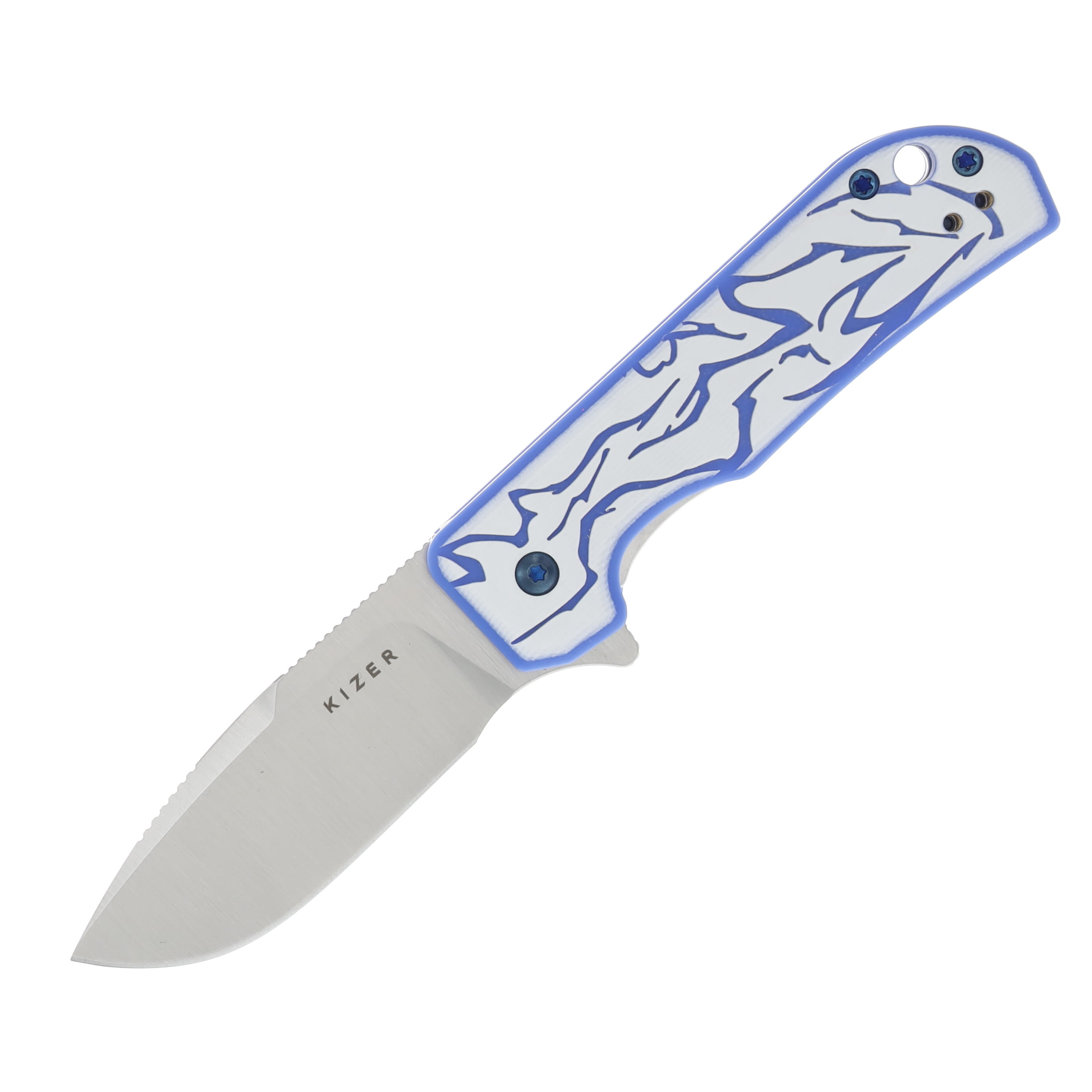 Kizer SMKW Exclusive Nice Guy "Raiden" Blue & White Double Layered G-10 CNC Printed Handle Satin Nitro V Blade V3011E2 View 1