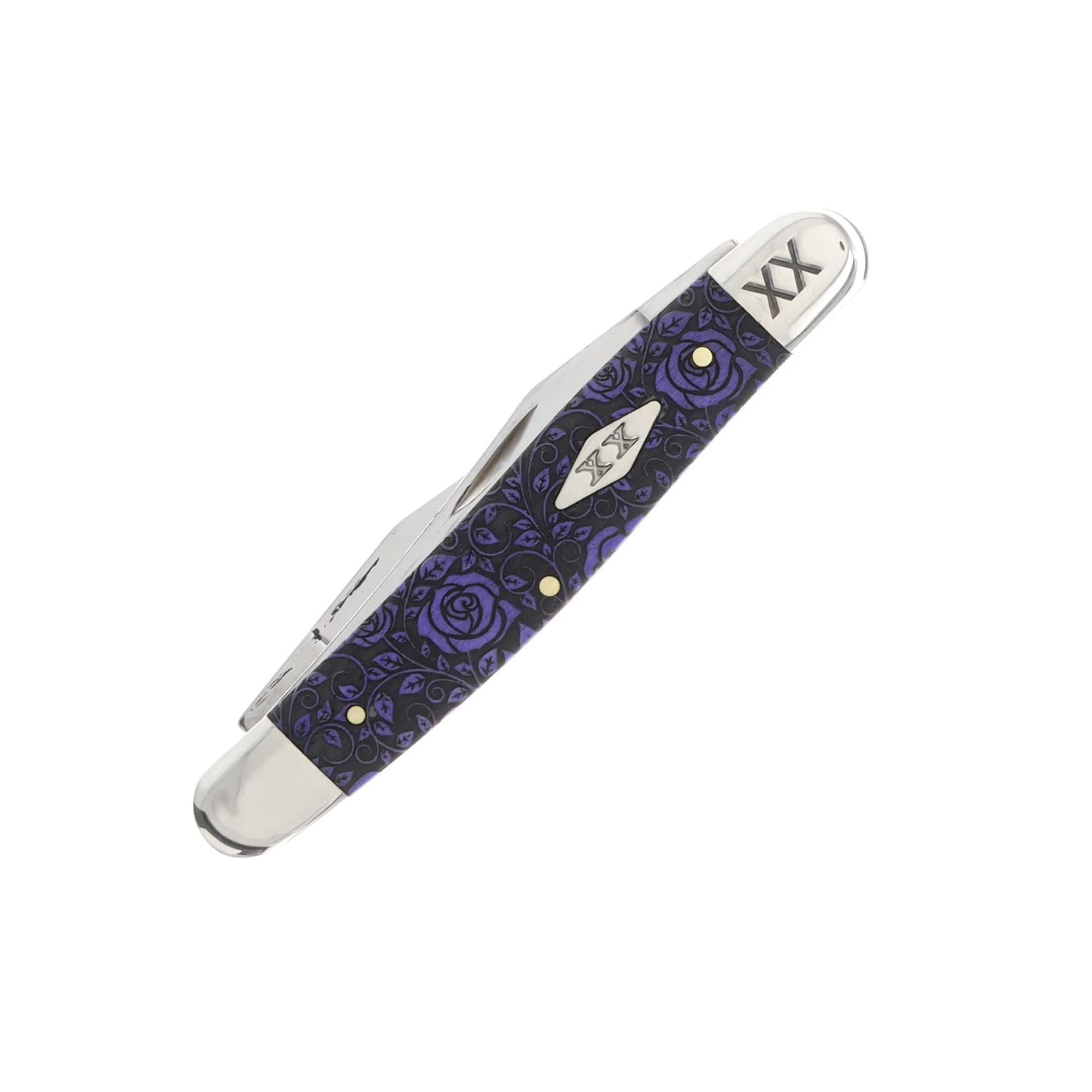 Case XX Rose-Patterned Ultraviolet Smooth Bone Muskrat/XX Bolsters Folding Knife CA12506R View 3
