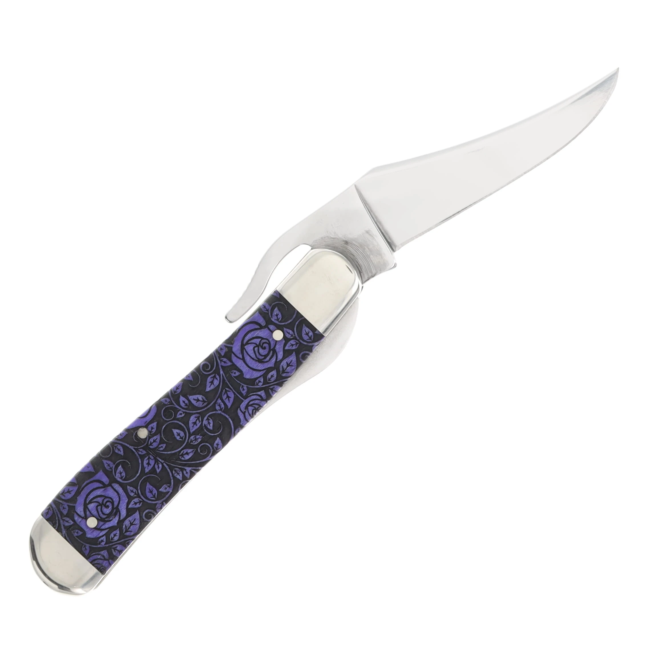 Case XX Special Edition Ultraviolet Bone Rose-Patterned with Engraved Bolsters RussLock Folding Knife CA12507R View 4