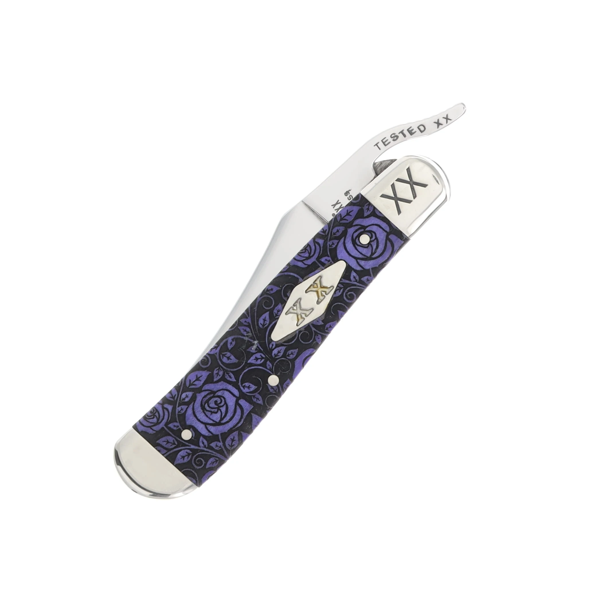 Case XX Special Edition Ultraviolet Bone Rose-Patterned with Engraved Bolsters RussLock Folding Knife CA12507R View 5