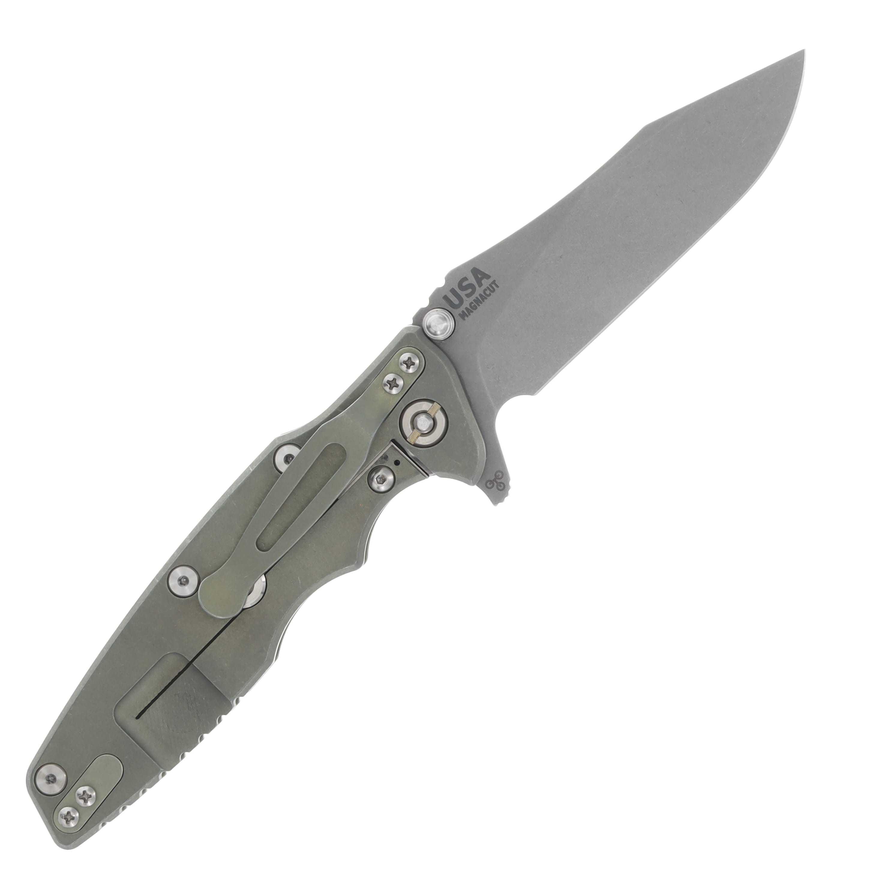 Hinderer 3.5 Eklipse Folding Knife Slicer Working Finish Battle Green Titanium/Translucent Green G-10 KEK35SLHOTWBGTG View 2