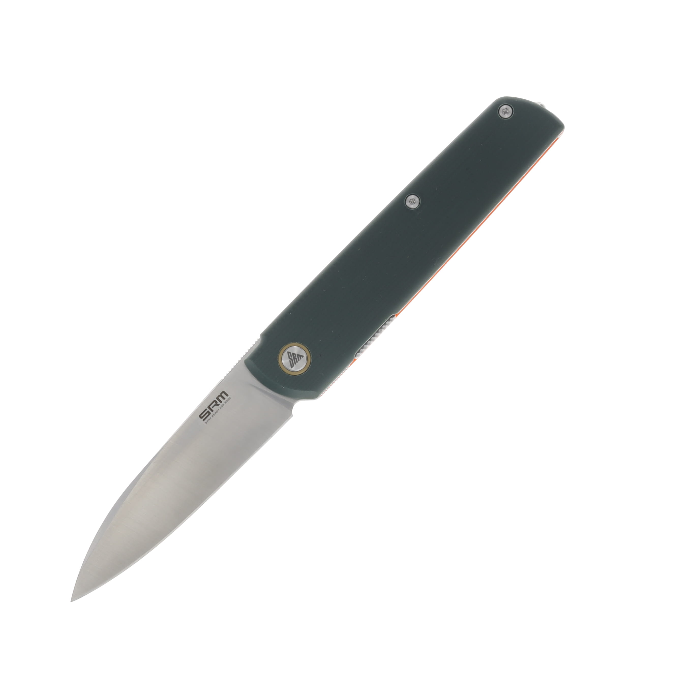 SRM Qrick Folding Knife Green - Orange 3.23in Plain Brushed Drop