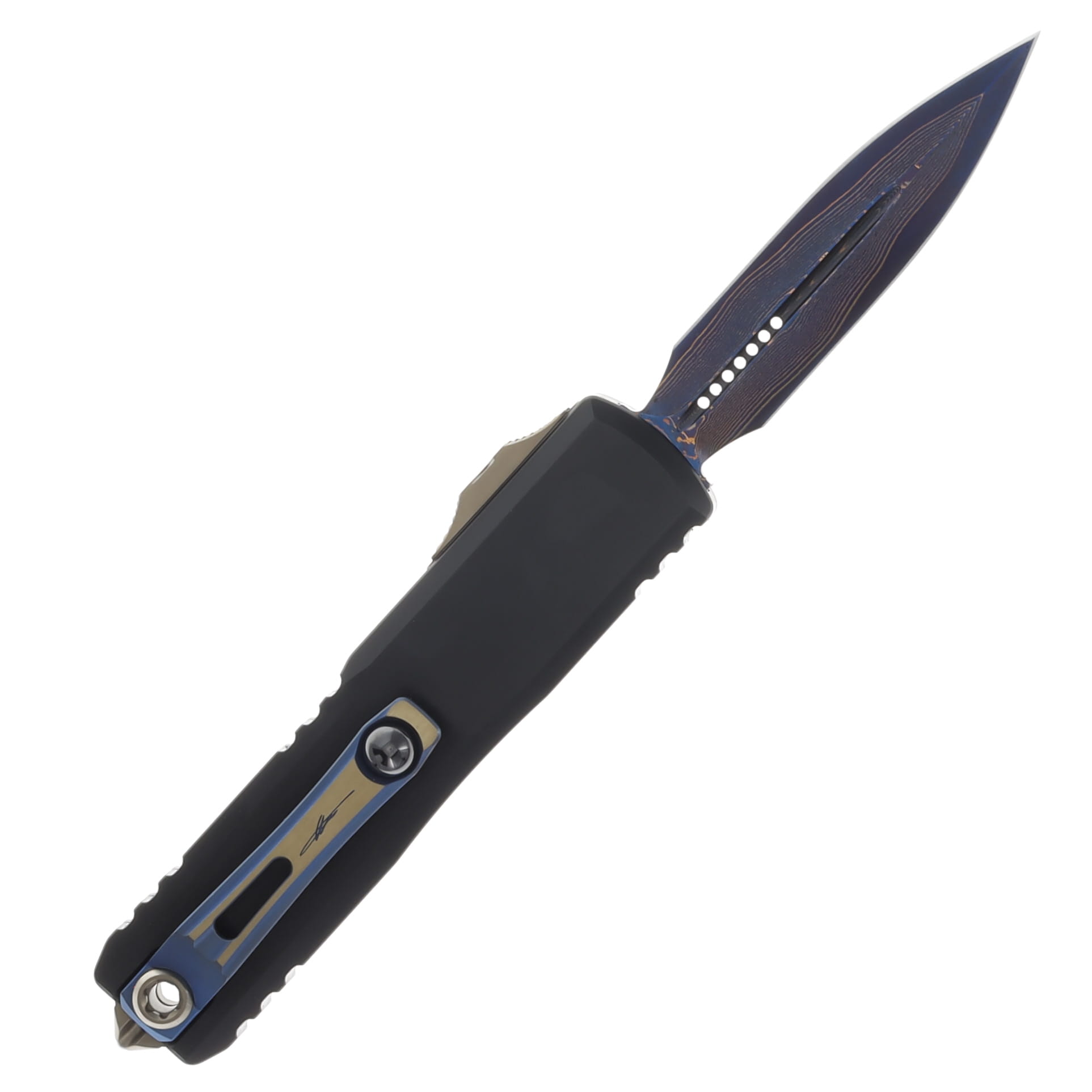 Microtech UTX-85 Gen III Marfione Select Baker Forge Coppermai Damascus/Hefted Alloy with Bronze and Blue Titanium AUMT123216MS2 View 2