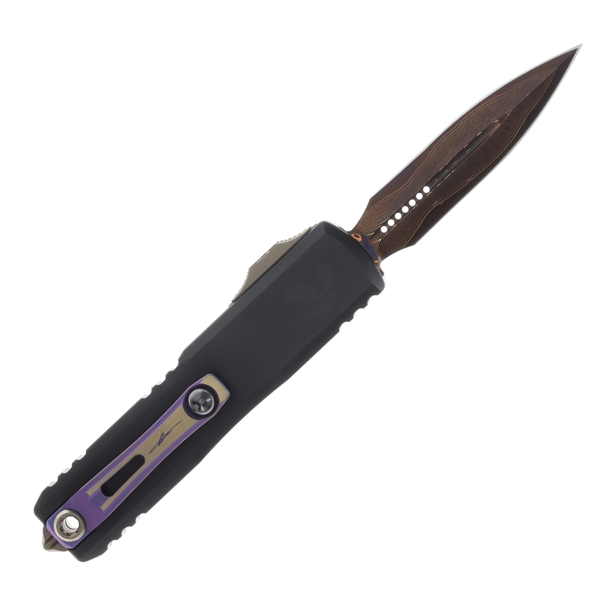 Microtech UTX-85 Gen III Marfione Select Baker Forge Coppermai Damascus/Hefted Alloy with Bronze and Purple Titanium AUMT123216MS3 View 2