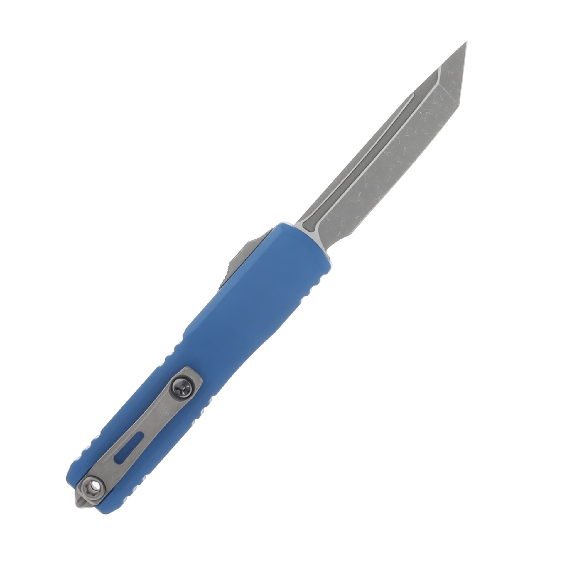 Microtech Ultratech OTF Automatic Knife Zero Blade Play Apocalyptic Drop Point/Blue AUMT112310APBL View 2