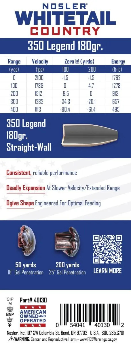 Nosler Whitetail Country 350 Legend 180gr Straight-Wall 20ct 40130 View 7