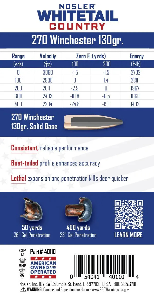 Nosler Whitetail Country 270 Winchester 130 gr Solid Base 20 Rounds 40110 View 3
