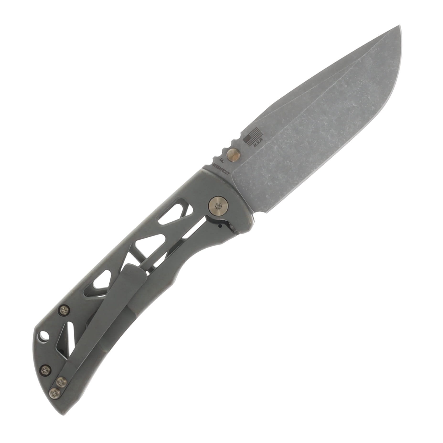 McNees MAC2 Skeletonized Folding Knife 3.5in Green-Bronze Handle Stonewashed Drop Point Blade MAC235SKGNBZ View 2