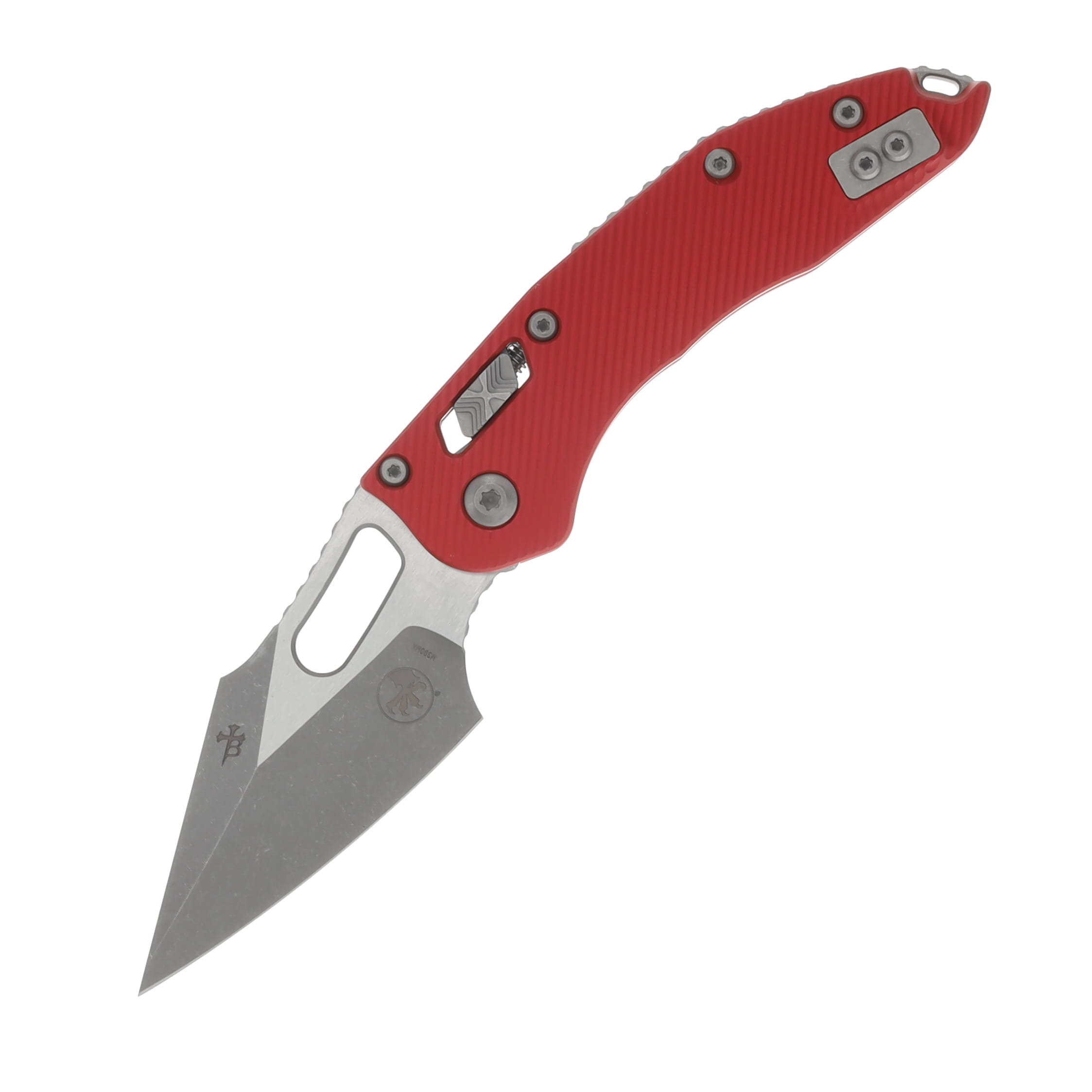 MICROTECH STITCH RAM-LOK FOLDING KNIFE FLUTED RED ALUMINUM HANDLE S-E 3.75IN STONEWASH APOCALYPTIC BOHLER M390MK WHARNCLIFFE BLADE MT169RL10APFLRD View 1
