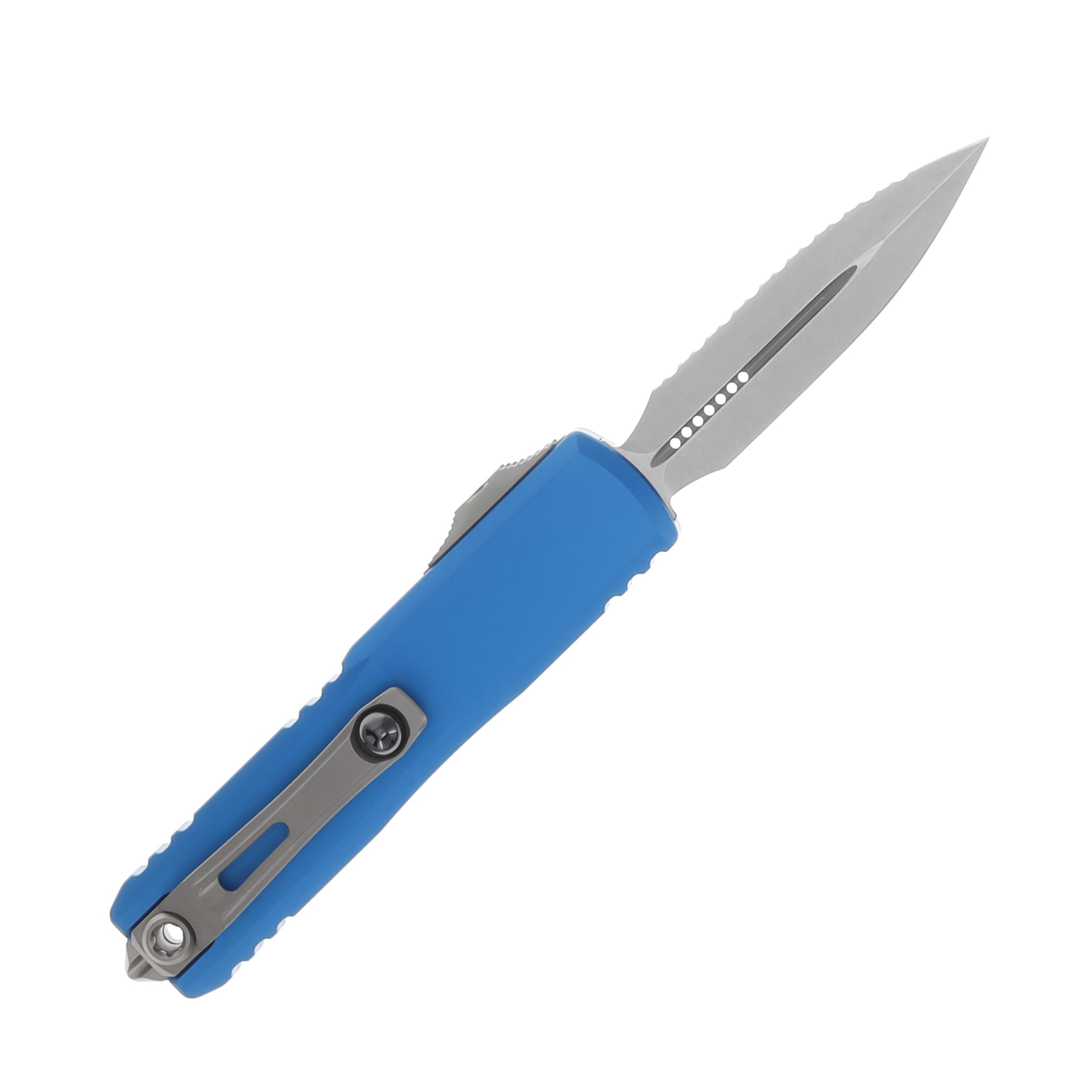 MICROTECH UTX-85 GEN III OTF AUTO D-E BLUE ALUMINUM HANDLE 3.10IN FULL SERRATED STONEWASH DAGGER BLADE AUMT123212BL View 2