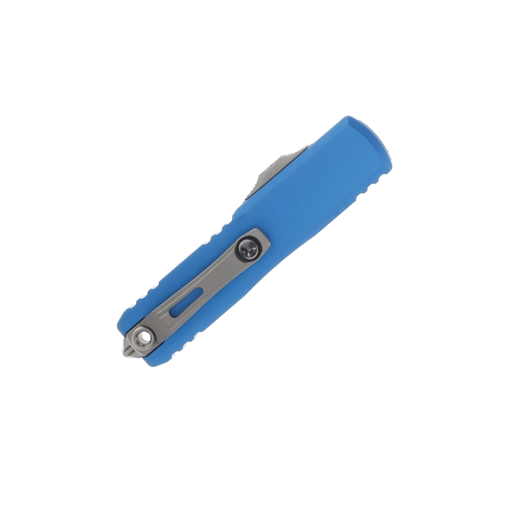 MICROTECH UTX-85 GEN III OTF AUTO D-E BLUE ALUMINUM HANDLE 3.10IN FULL SERRATED STONEWASH DAGGER BLADE AUMT123212BL View 3