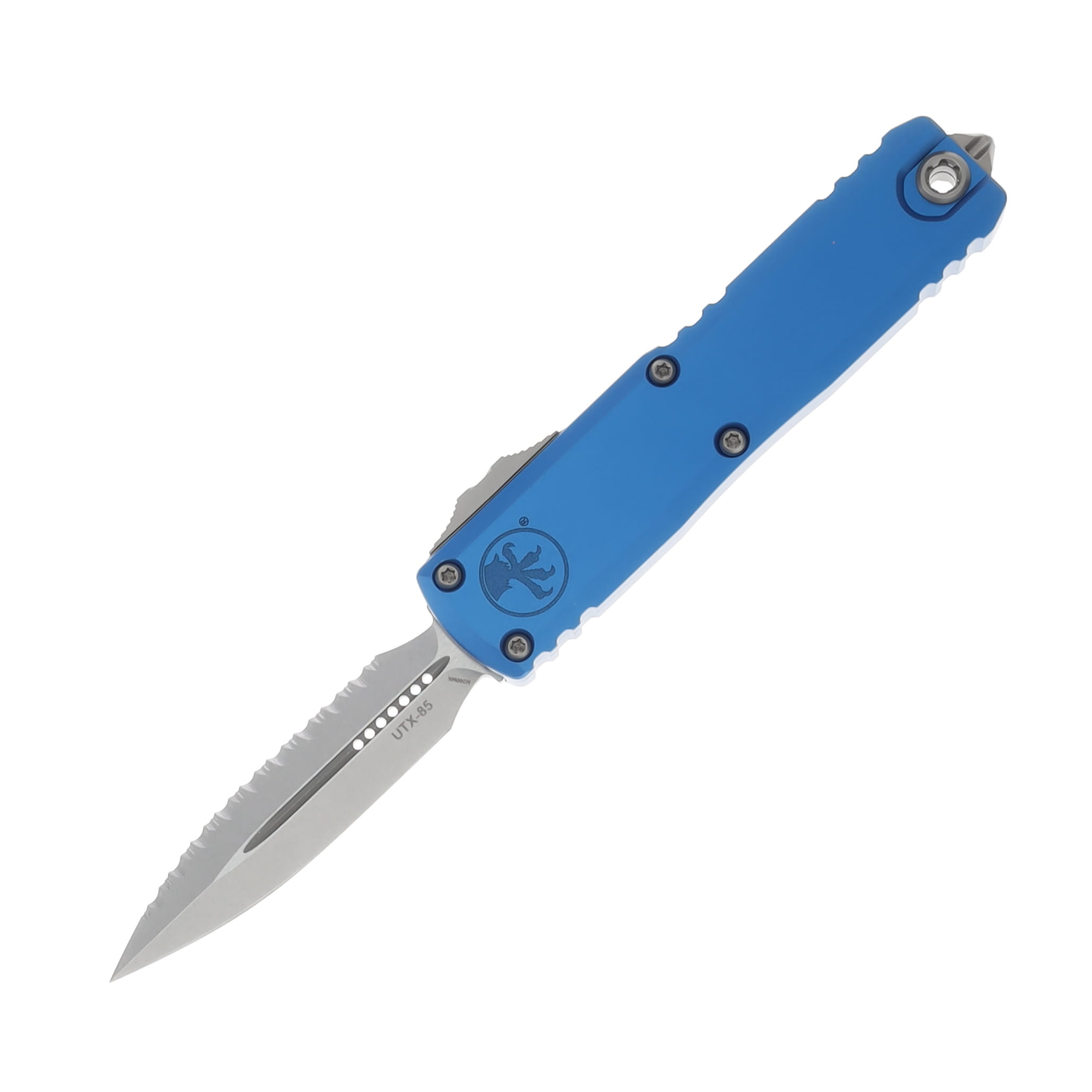 MICROTECH UTX-85 GEN III OTF AUTO D-E BLUE ALUMINUM HANDLE 3.10IN FULL SERRATED STONEWASH DAGGER BLADE AUMT123212BL View 1