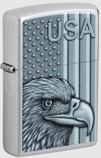 Zippo Lighter Eagle Head and Flag USA Satin Chrome Americana Series ZP46825 View 1