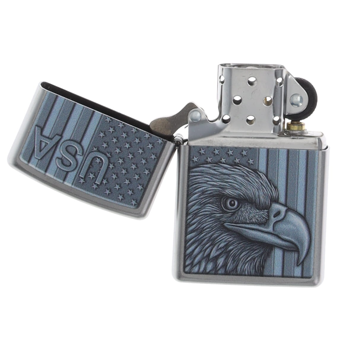 Zippo Lighter Eagle Head and Flag USA Satin Chrome Americana