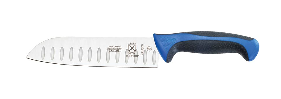 Mercer Sports Millennia Colors 7in Santoku Granton Edge Blue Black Handle M22707BL View 1