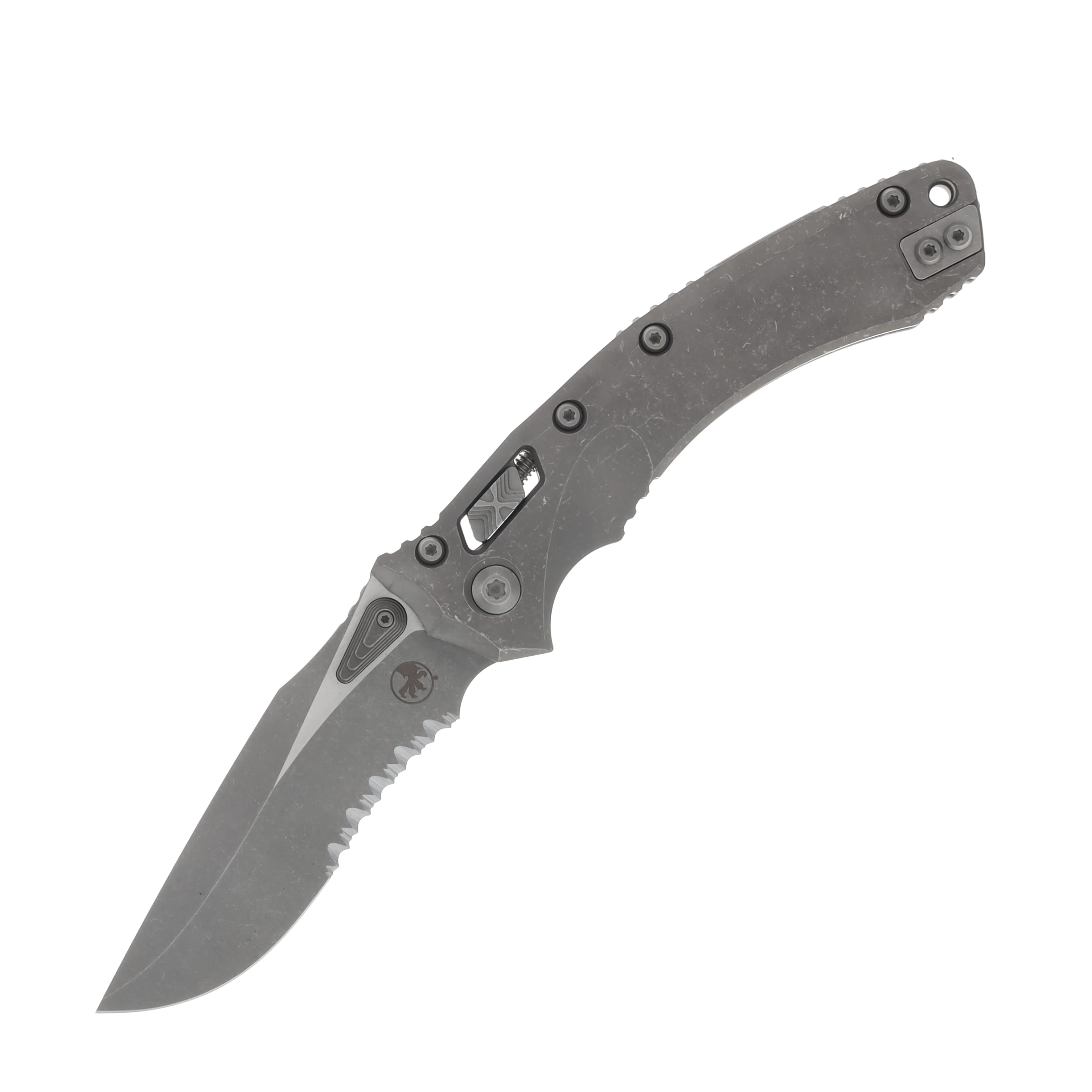 Microtech Amphibian Ram-Lok Partial Serrated Apocalyptic Slab Side Titanium Apocalyptic MT137RL11APMS1 View 1