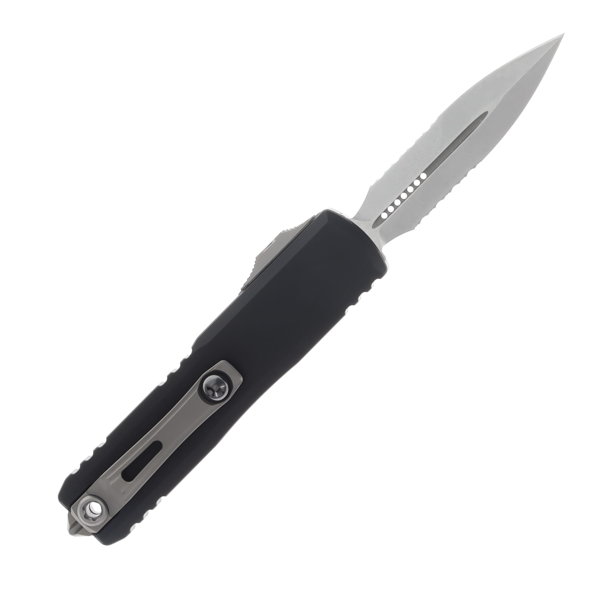 MICROTECH UTX-85 GEN IV OTF AUTO  BLACK HANDLE D-E STONEWASH PART SERRATE DAGGER BLADE AUMT1232411 View 2