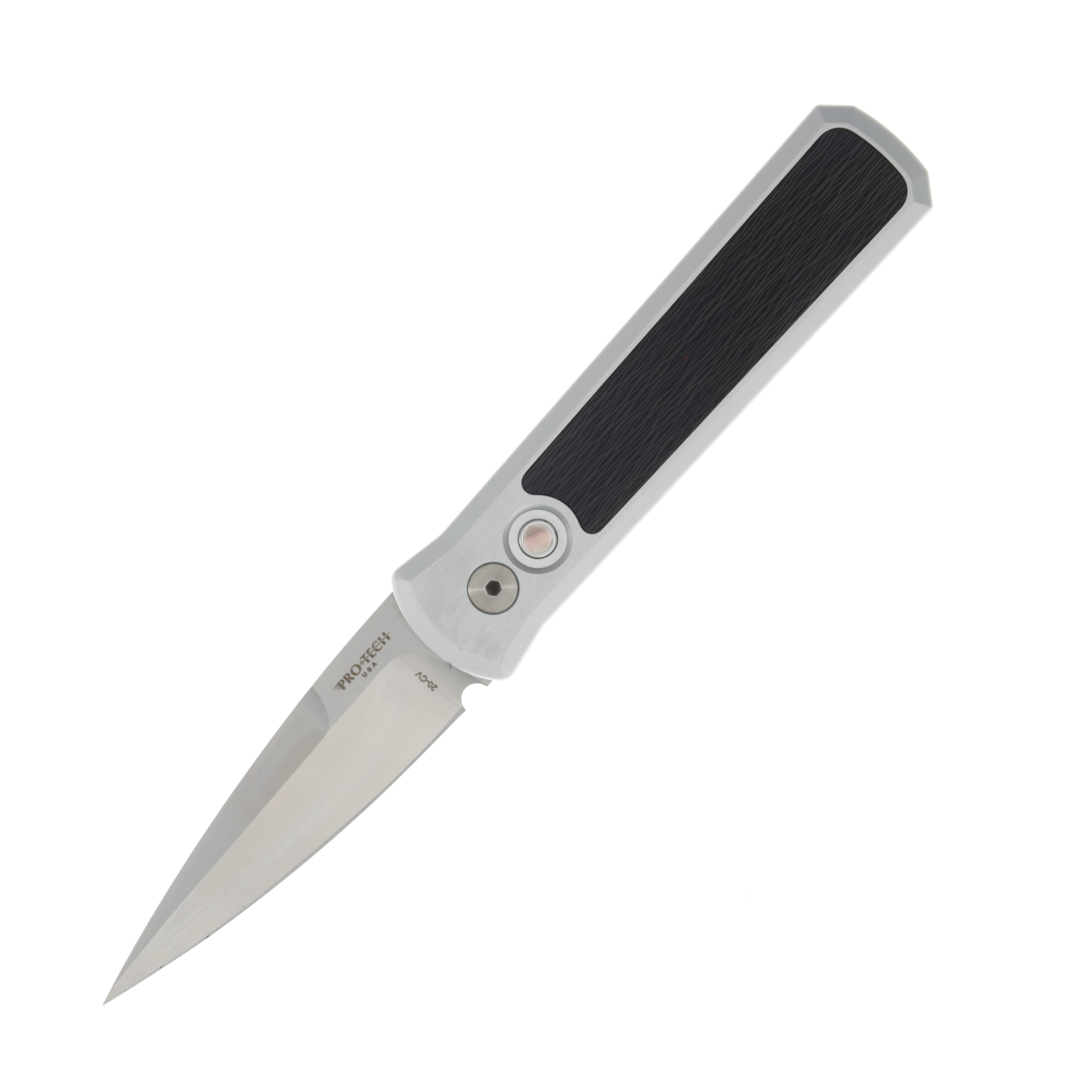 Pro Tech OTS Auto Godson Silver Handle-Crosscut Carbon Fiber Inlay Satin CPM-20CV Blade AUPT7210-SILVER View 1