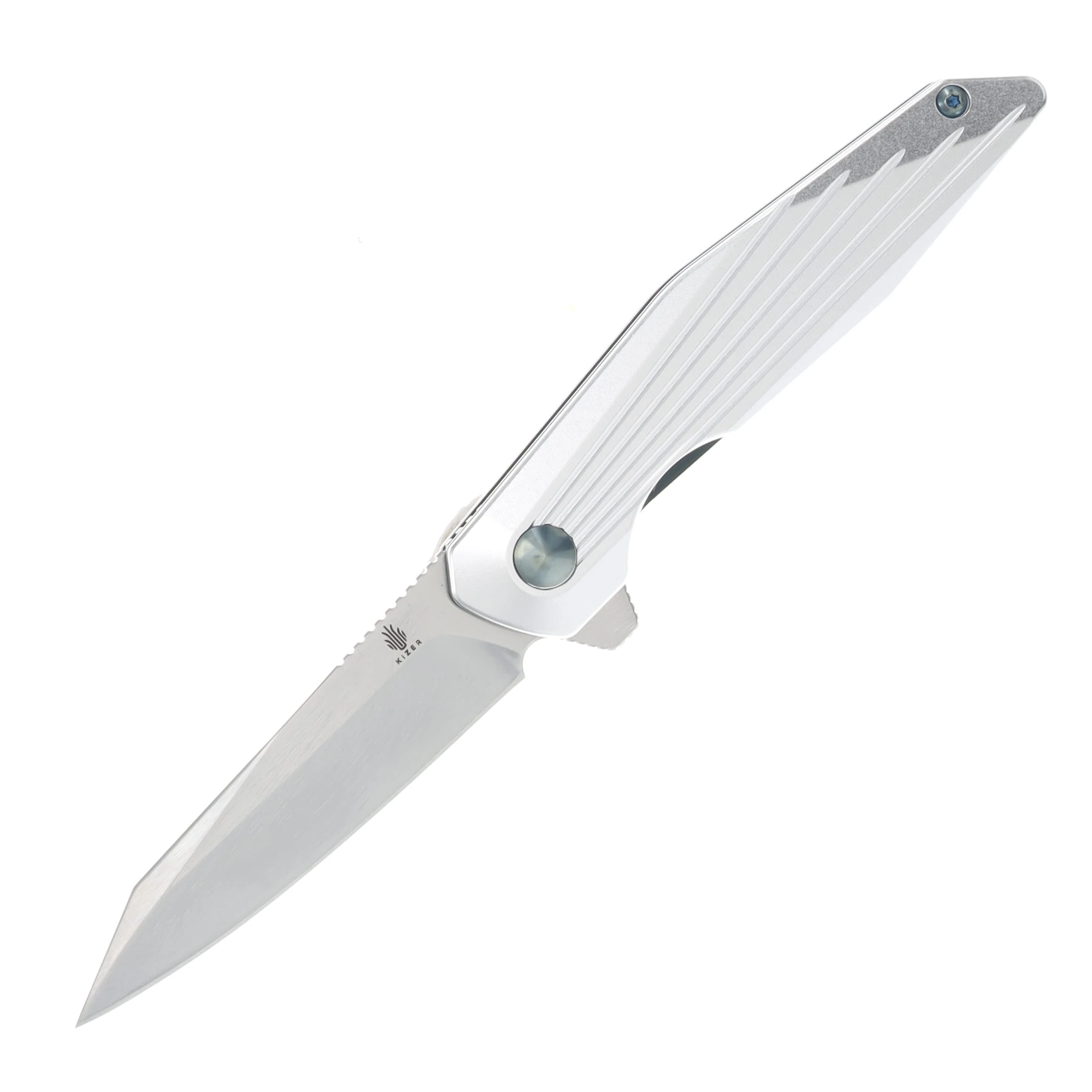 Kizer SMKW Exclusive Spot Folding Knife Silver Shredder UV Printed Aluminum/Magnetic Polished Nitro V V3620E1 View 1