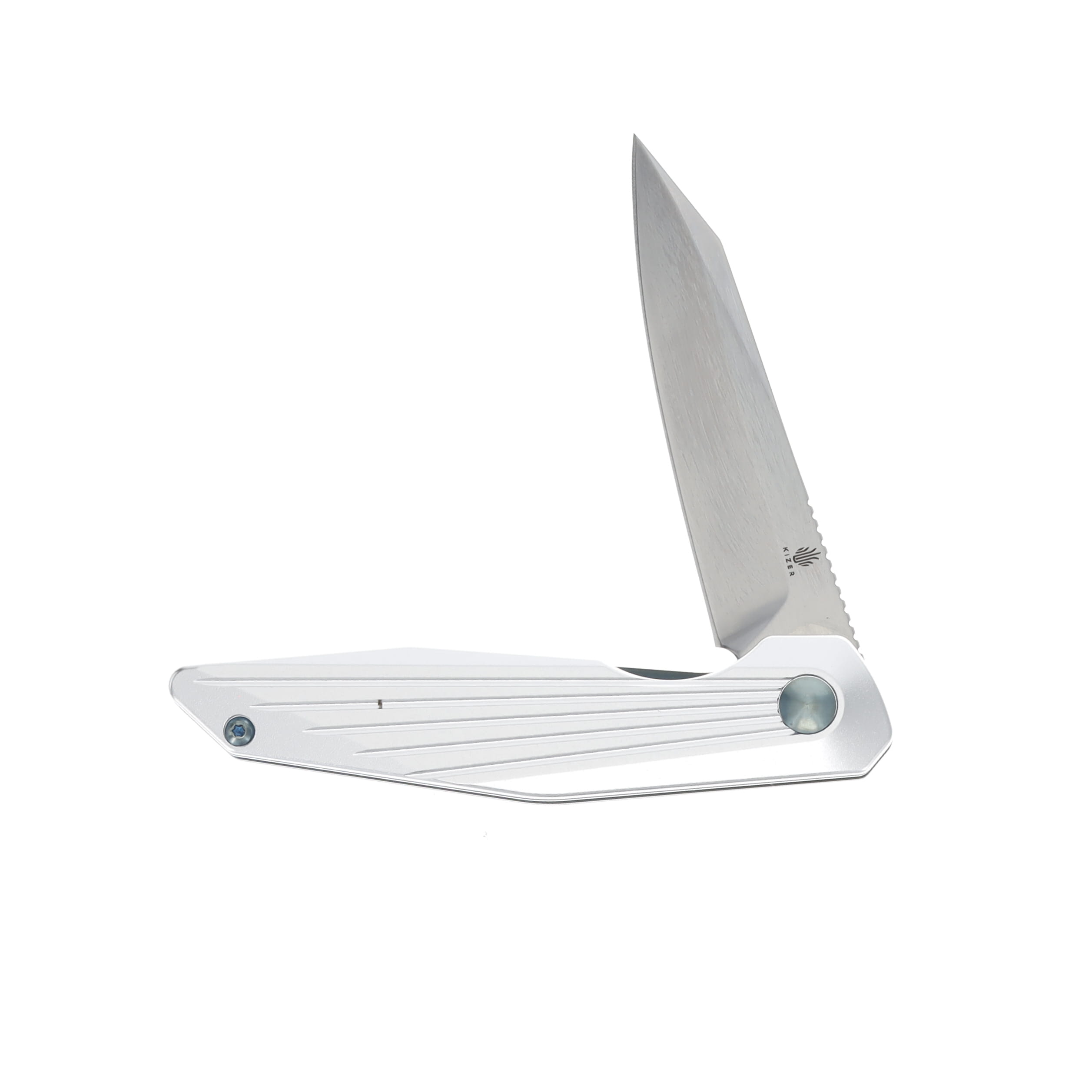 Kizer SMKW Exclusive Spot Folding Knife Silver Shredder UV Printed Aluminum/Magnetic Polished Nitro V V3620E1 View 3