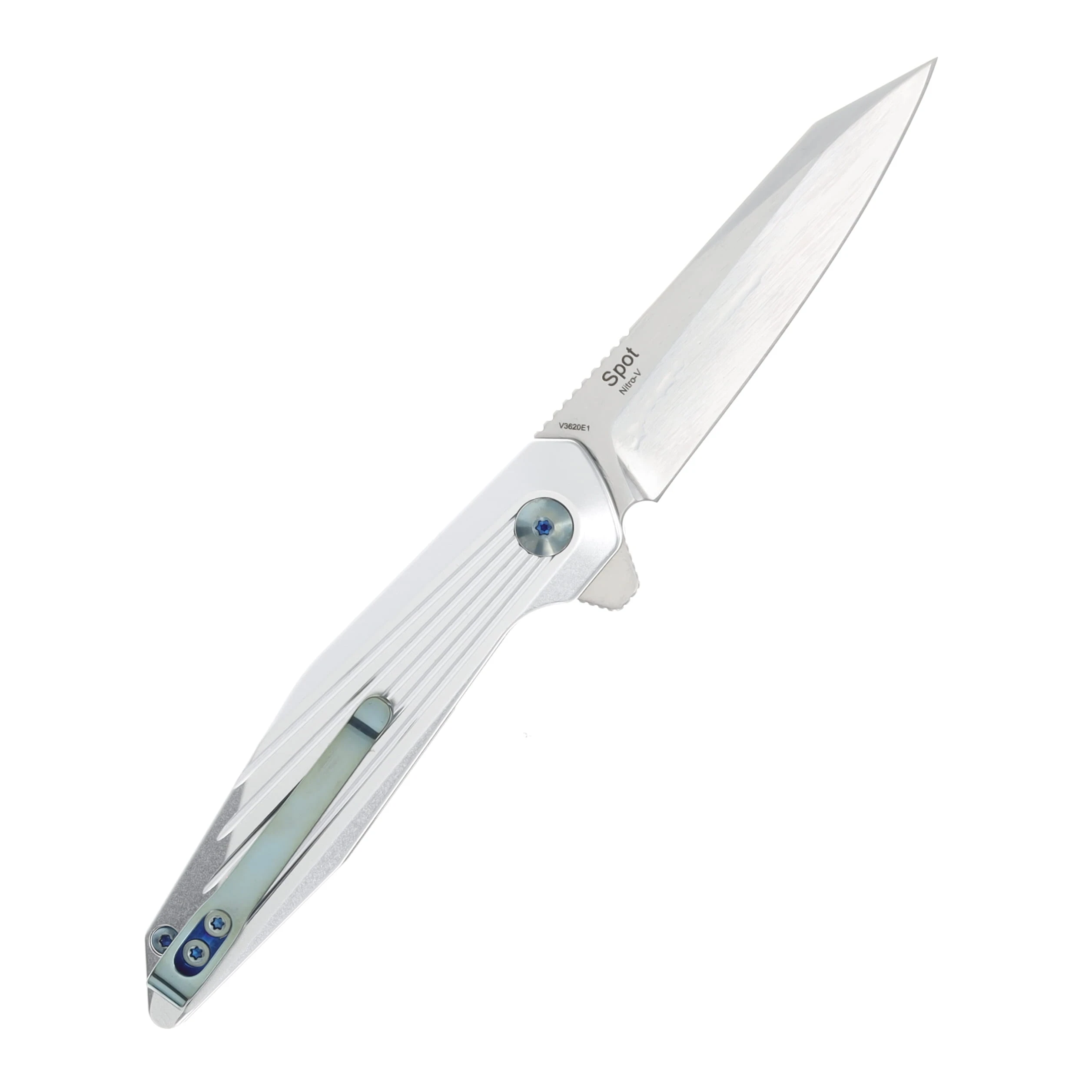 Kizer SMKW Exclusive Spot Folding Knife Silver Shredder UV Printed Aluminum/Magnetic Polished Nitro V V3620E1 View 2