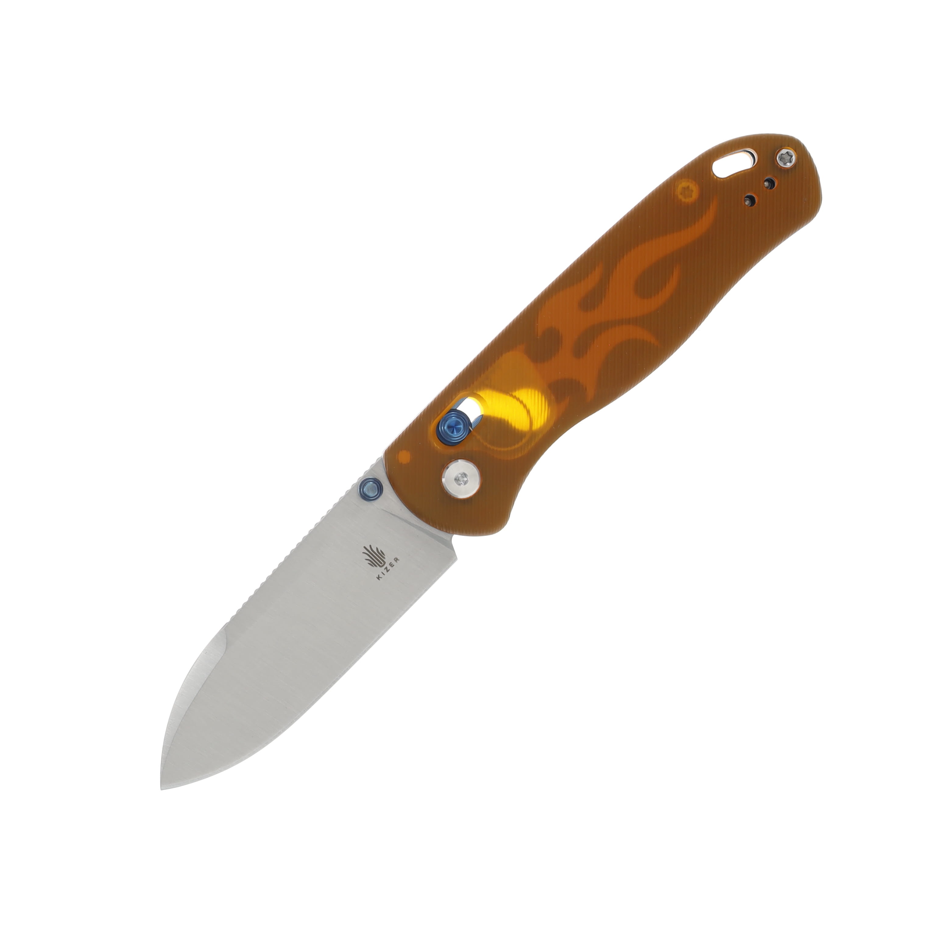 Kizer SMKW Exclusive Drop Bear Folding Knife Flame On UV-Printed Polycarbonate/Satin Nitro V V3619E15 View 1