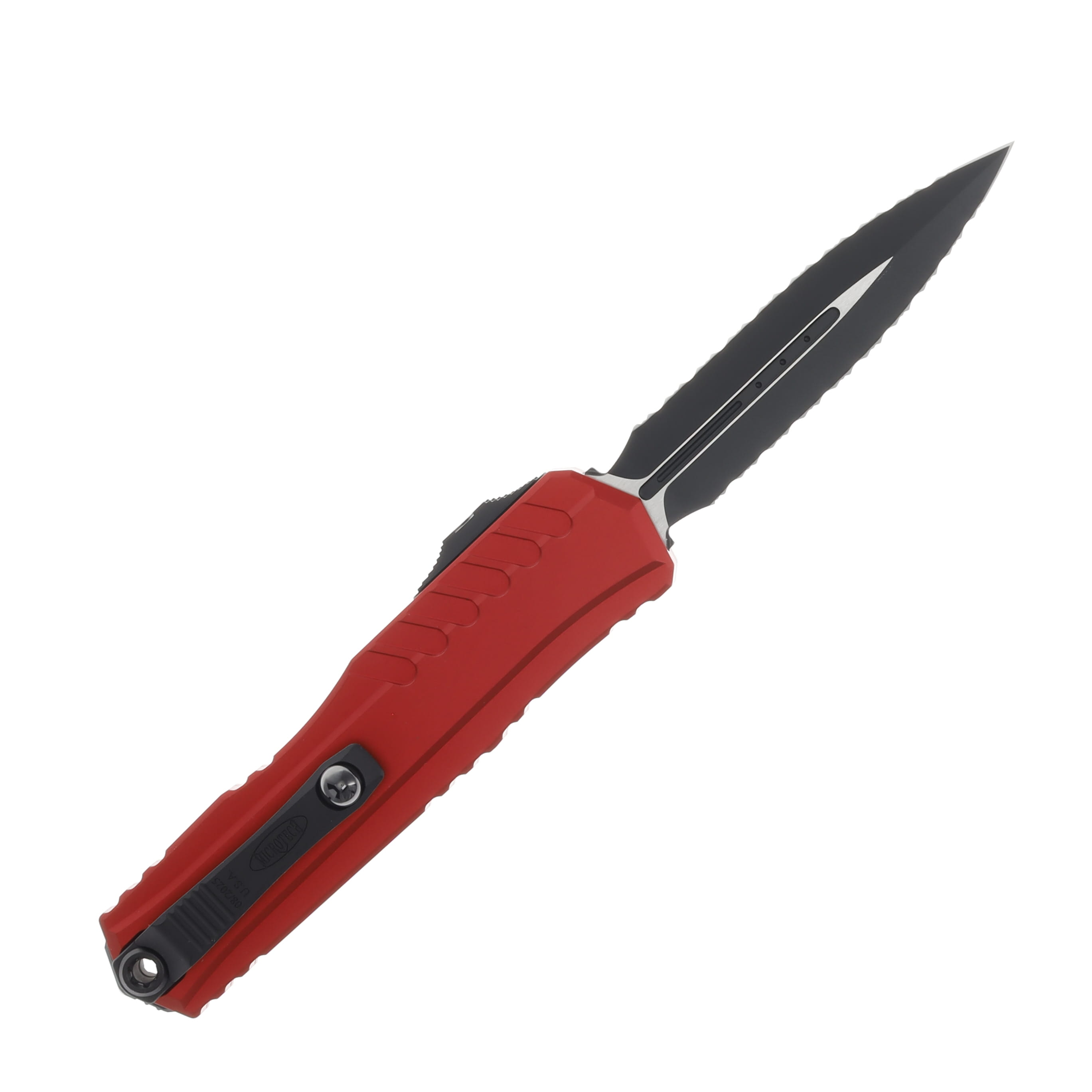 Microtech Cypher II OTF Auto Red Handle D-E Black Full Serrated Blade AUMT1242D3RD View 2