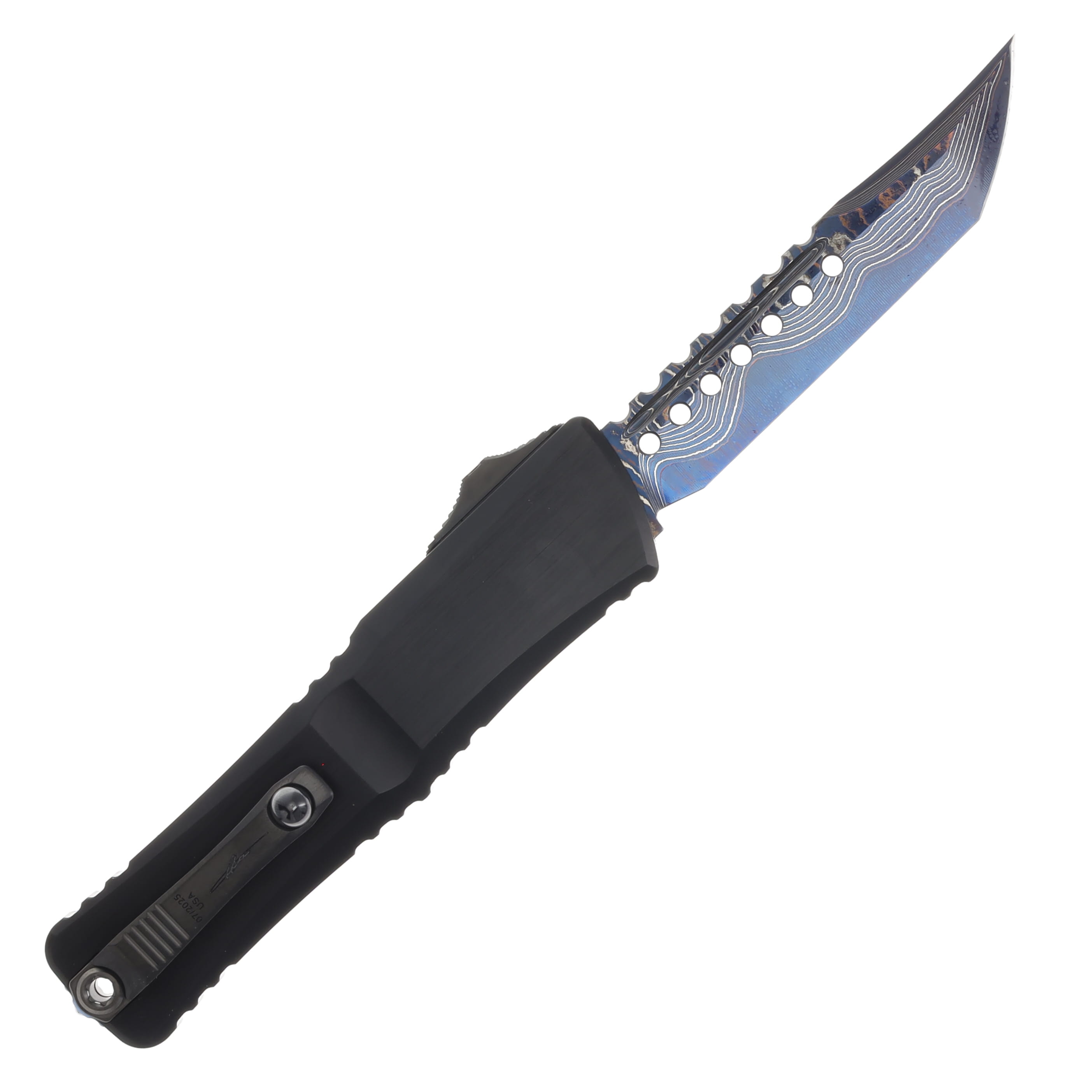 Microtech Combat Troodon LT OTF Auto Hefted Alloy DLC Handle Hellhound Blued Baker Forge CopperMai Damascus Blade AUMT121916MS2 View 2