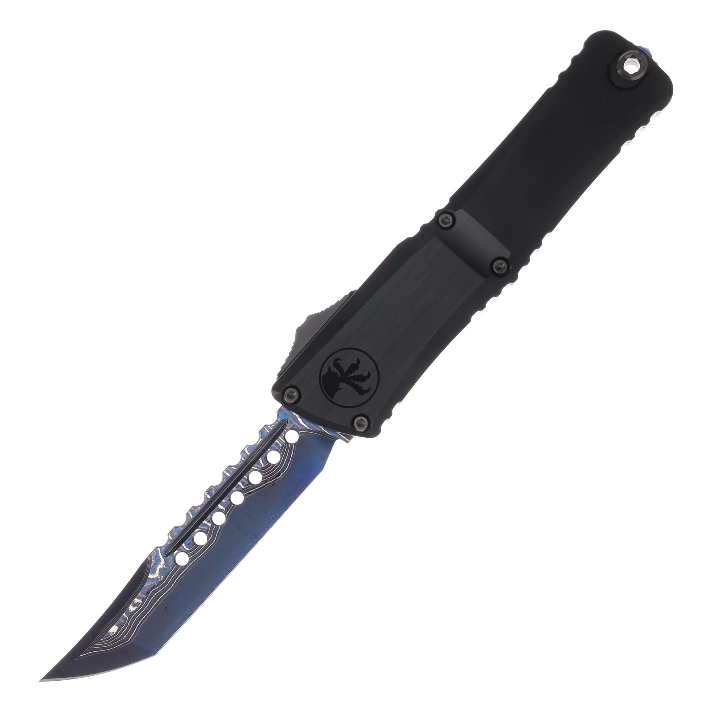 Microtech Combat Troodon LT OTF Auto Hefted Alloy DLC Handle Hellhound Blued Baker Forge CopperMai Damascus Blade AUMT121916MS2 View 1