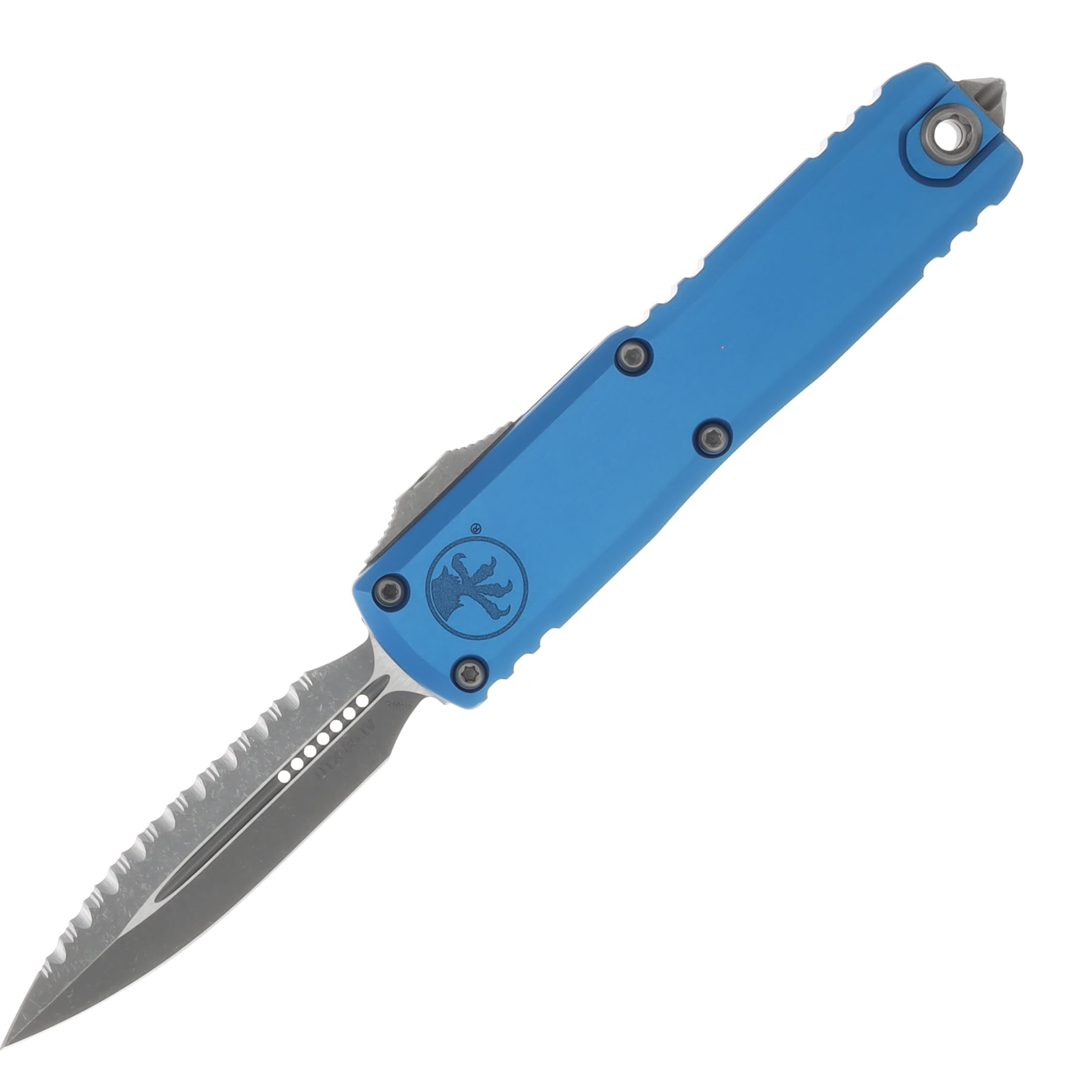 Microtech UTX-85 GEN IV OTF Auto D-E Apocalyptic Full Serrate Blue AUMT1232412APBL View 1