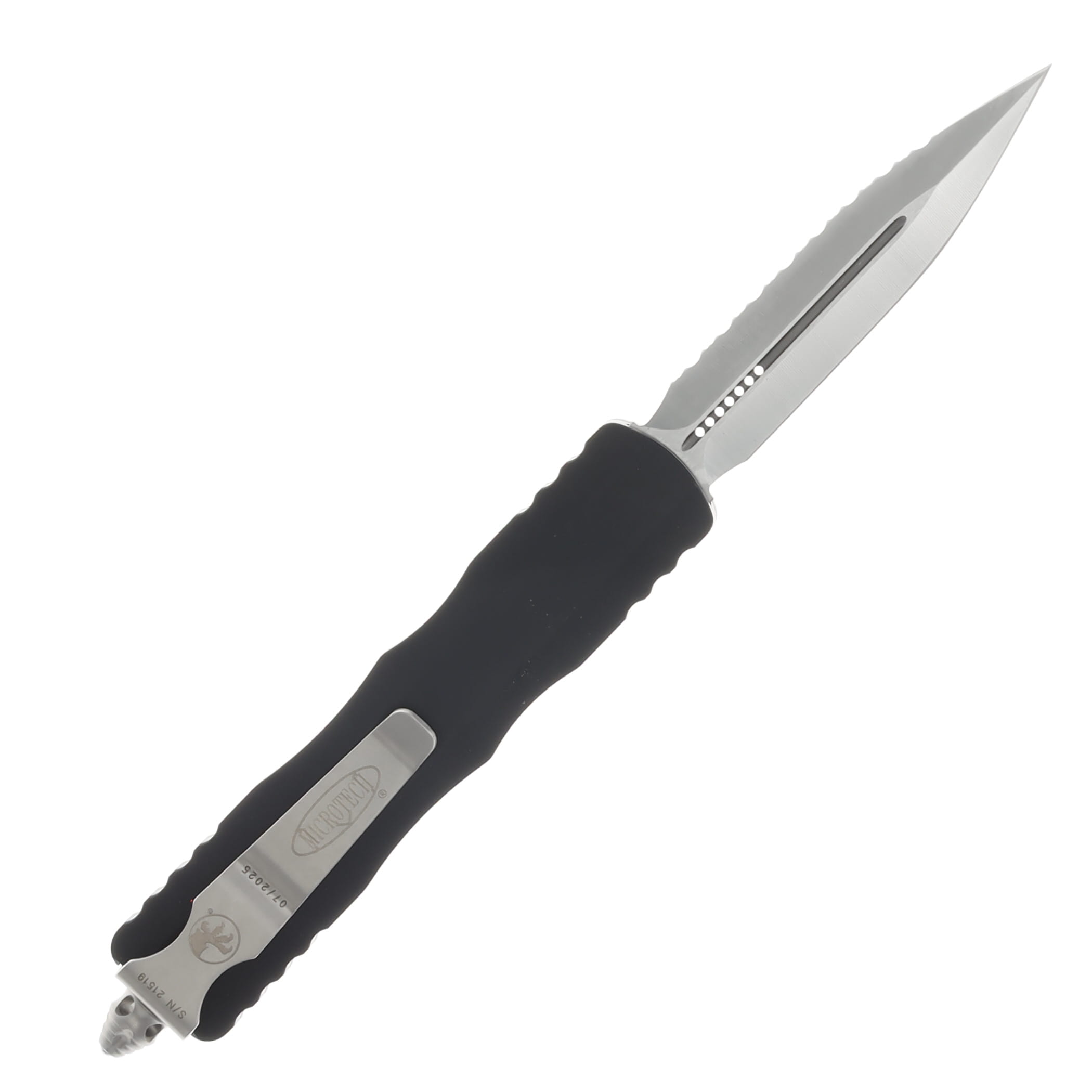 Microtech Dirac OTF Auto D/E Black Handle Fully Serrated Satin Dagger Blade AUMT2256 View 2