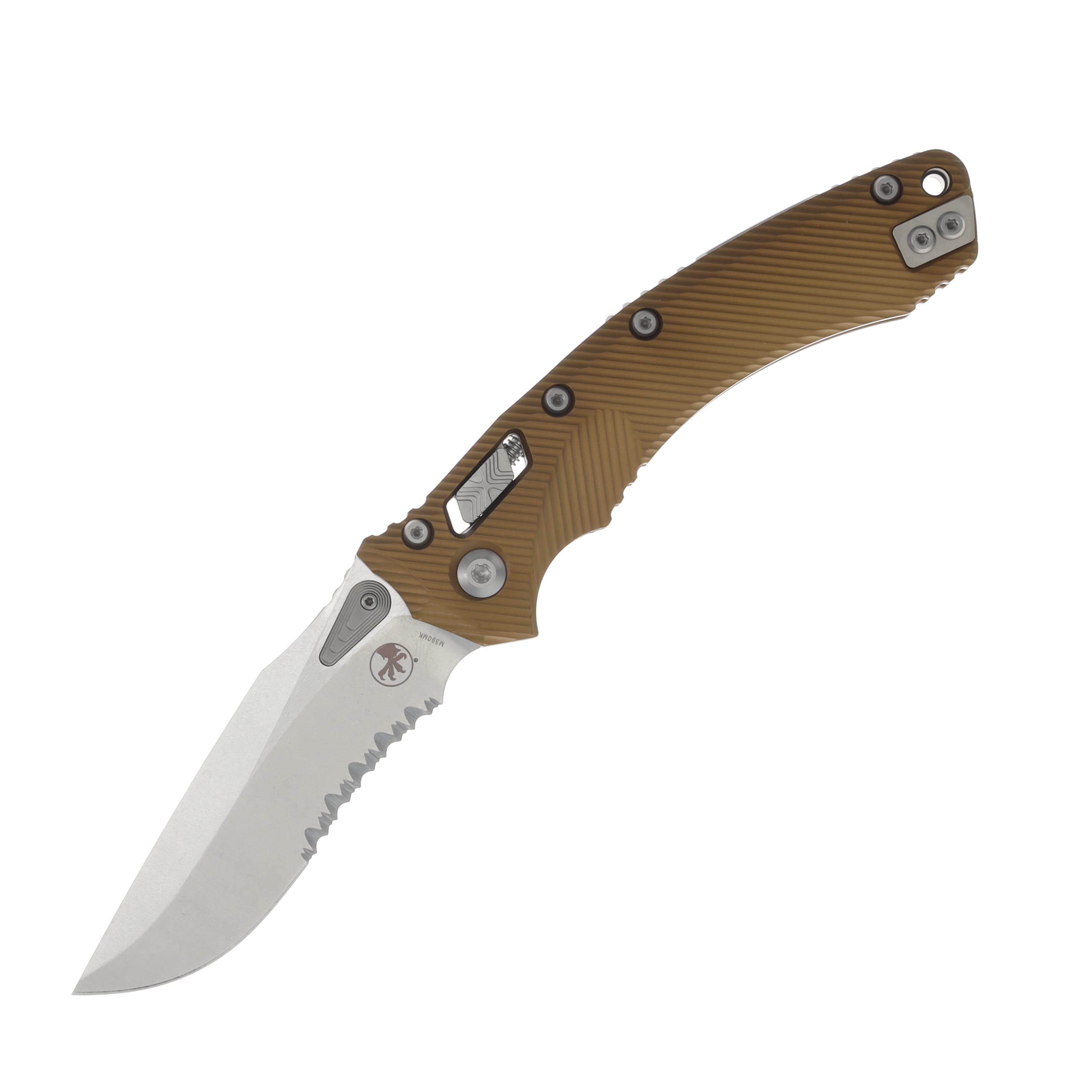 Microtech Amphibian RAM-LOK Folding Knife Stonewash Part Serrate Fluted Aluminum Tan MT137RL11FLTA View 1