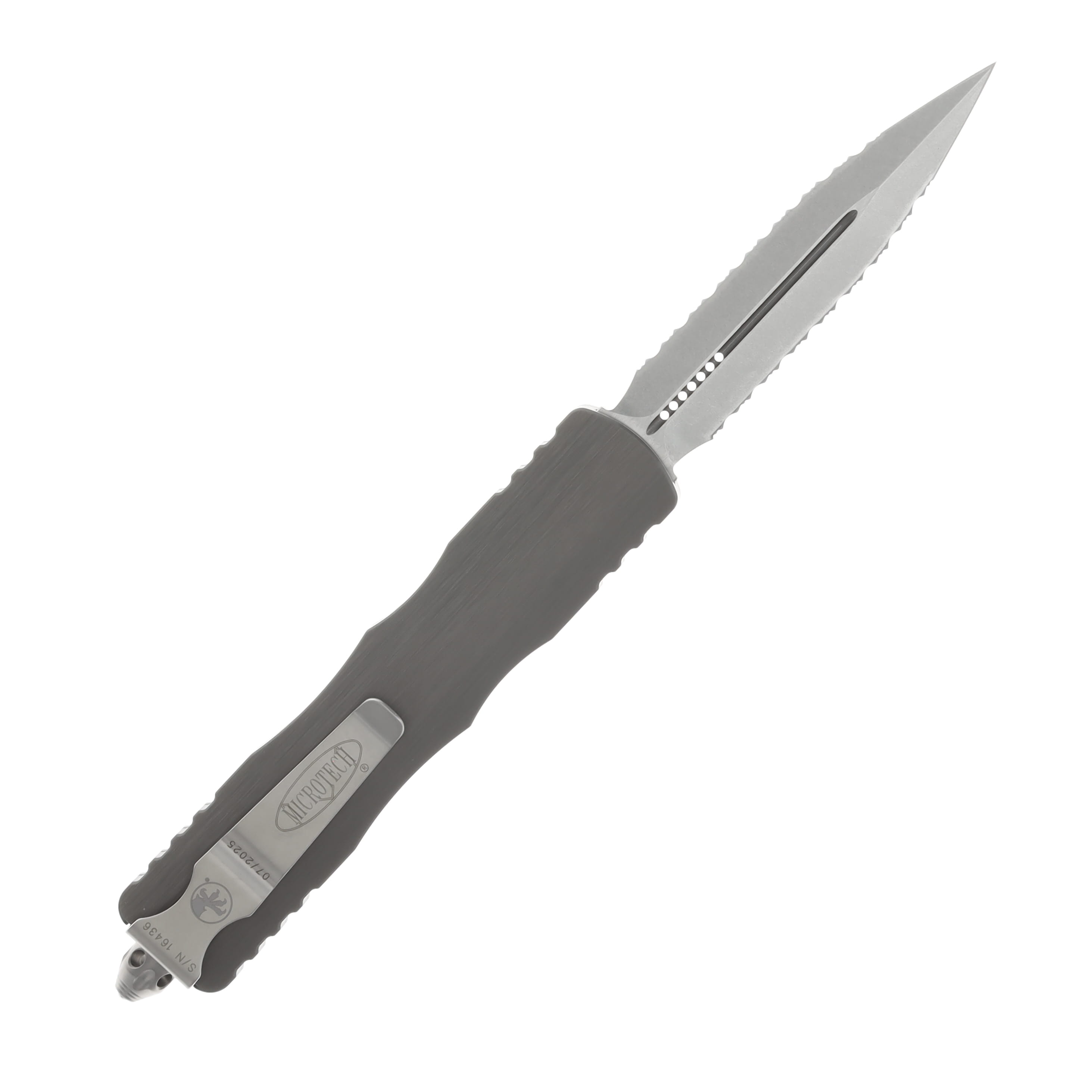 Microtech Dirac Delta OTF Auto Stonewash Double Full Serrate Natural Clear AUMT227D12NC View 2