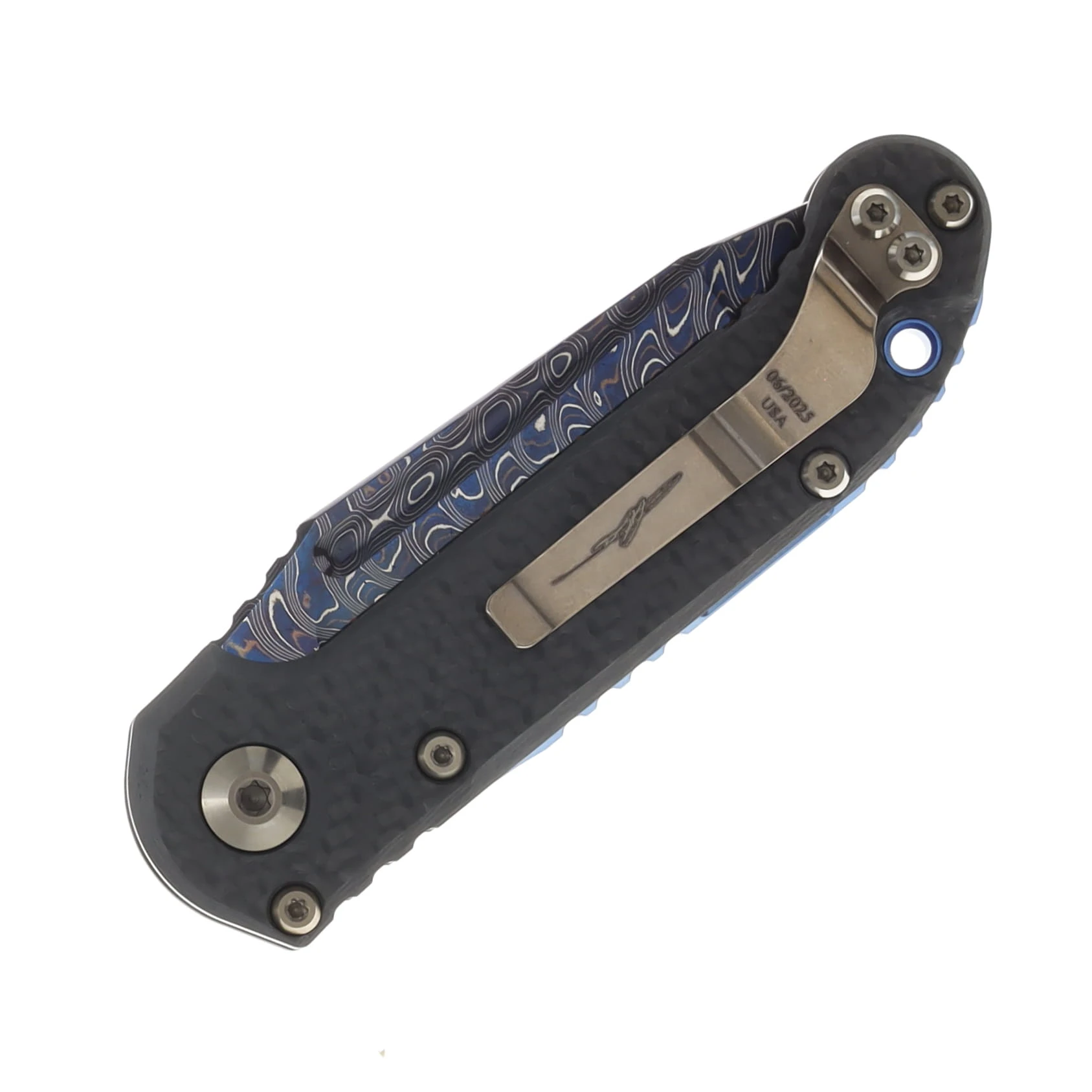 Microtech MS LUDT OTS Auto T/E Blued Baker Forge Coppermai Damascus Carbon Fiber Bronzed Hard Cut Hardware-Blue Titanium Accent MT113616MS2 View 3