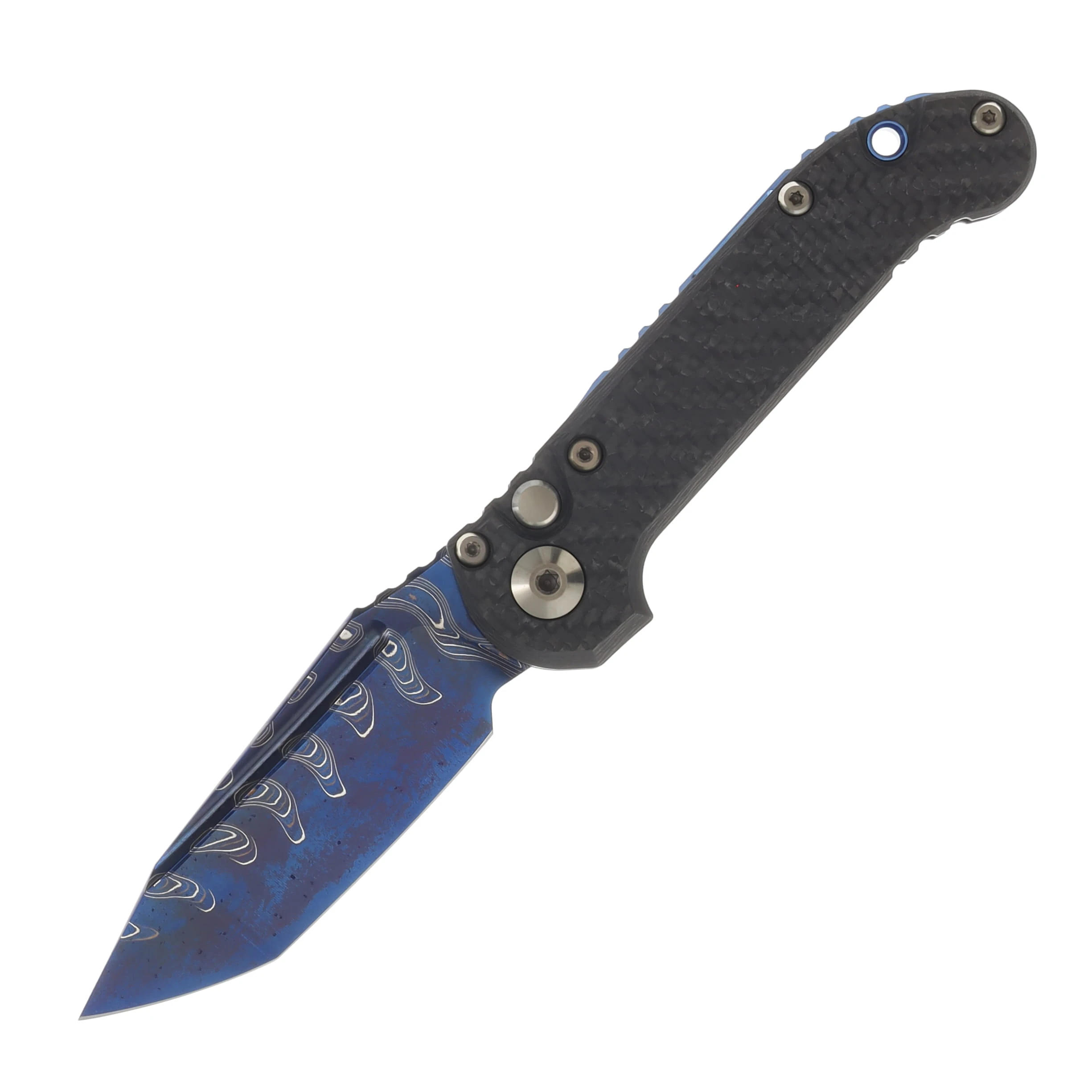 Microtech MS LUDT OTS Auto T/E Blued Baker Forge Coppermai Damascus Carbon Fiber Bronzed Hard Cut Hardware-Blue Titanium Accent MT113616MS2 View 1