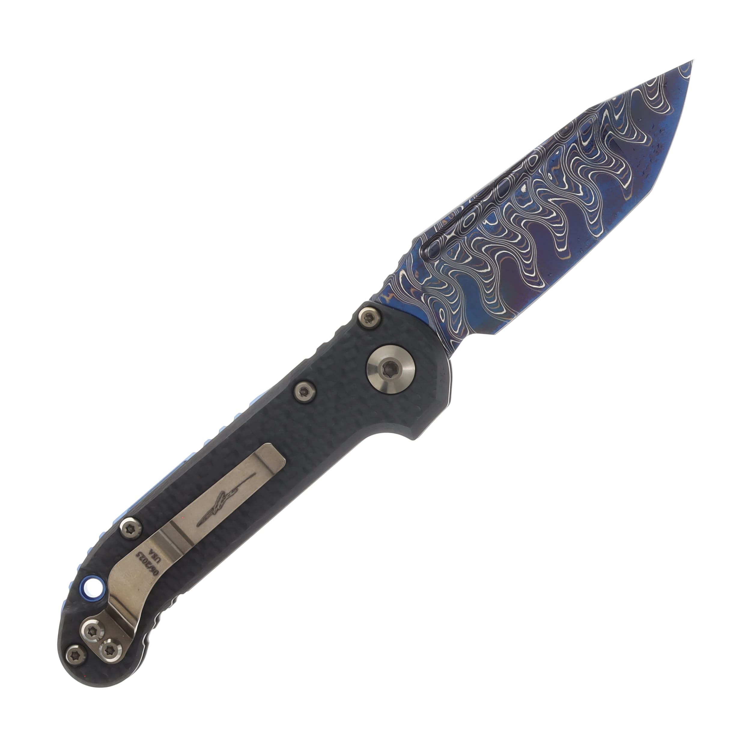 Microtech MS LUDT OTS Auto T/E Blued Baker Forge Coppermai Damascus Carbon Fiber Bronzed Hard Cut Hardware-Blue Titanium Accent MT113616MS2 View 2