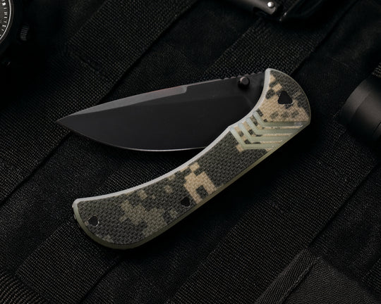 Half Face Blades Cav Folder - Universal Camouflage Pattern (UCP) G10, Armor black Cerakote Blade, Textured Grip, TI Frame HFCAVFLDUNICAMO View 5