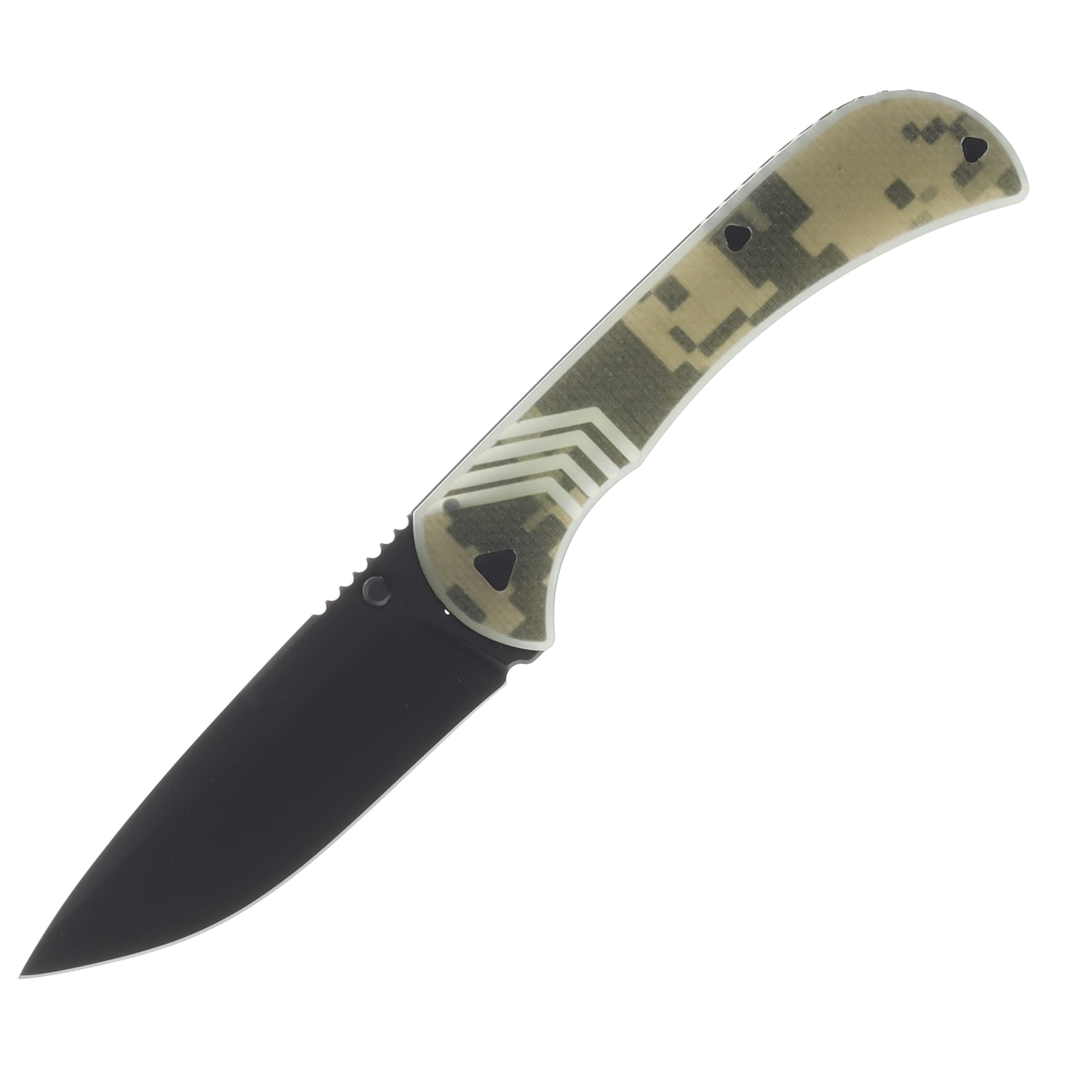 Half Face Blades Cav Folder - Universal Camouflage Pattern (UCP) G10, Armor black Cerakote Blade, Textured Grip, TI Frame HFCAVFLDUNICAMO View 1