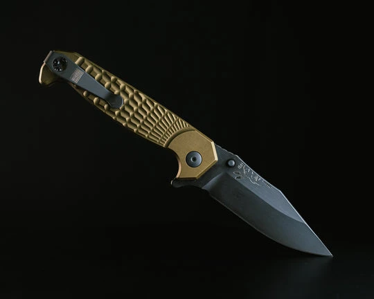 Half Face Blades Crow Folder- Anodized OD Green Handle, Black Nitride Blade, Grenade Stippled Grip, Deep Carry Pocket Clip HFCROWFLDANOOD View 5