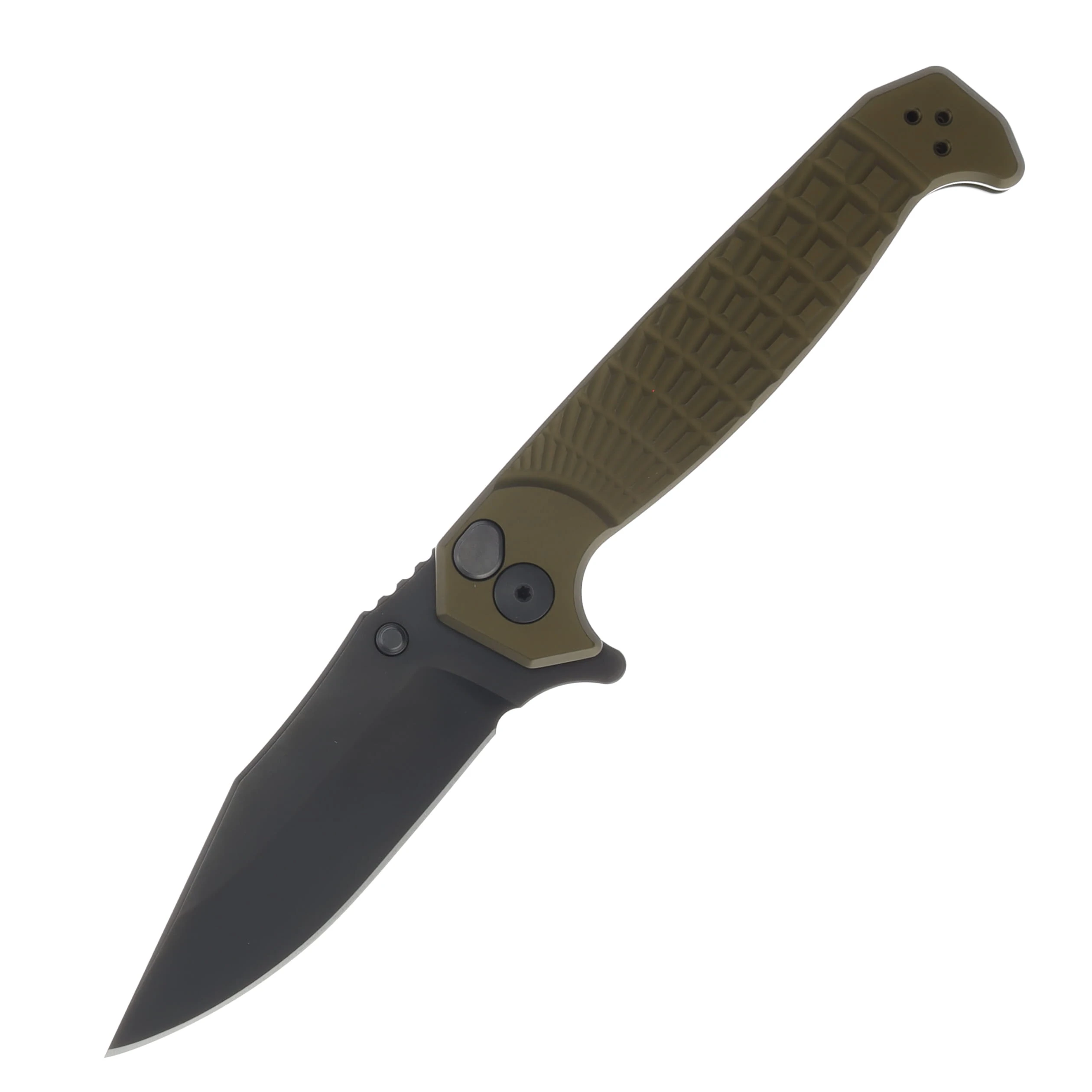 Half Face Blades Crow Folder- Anodized OD Green Handle, Black Nitride Blade, Grenade Stippled Grip, Deep Carry Pocket Clip HFCROWFLDANOOD View 1